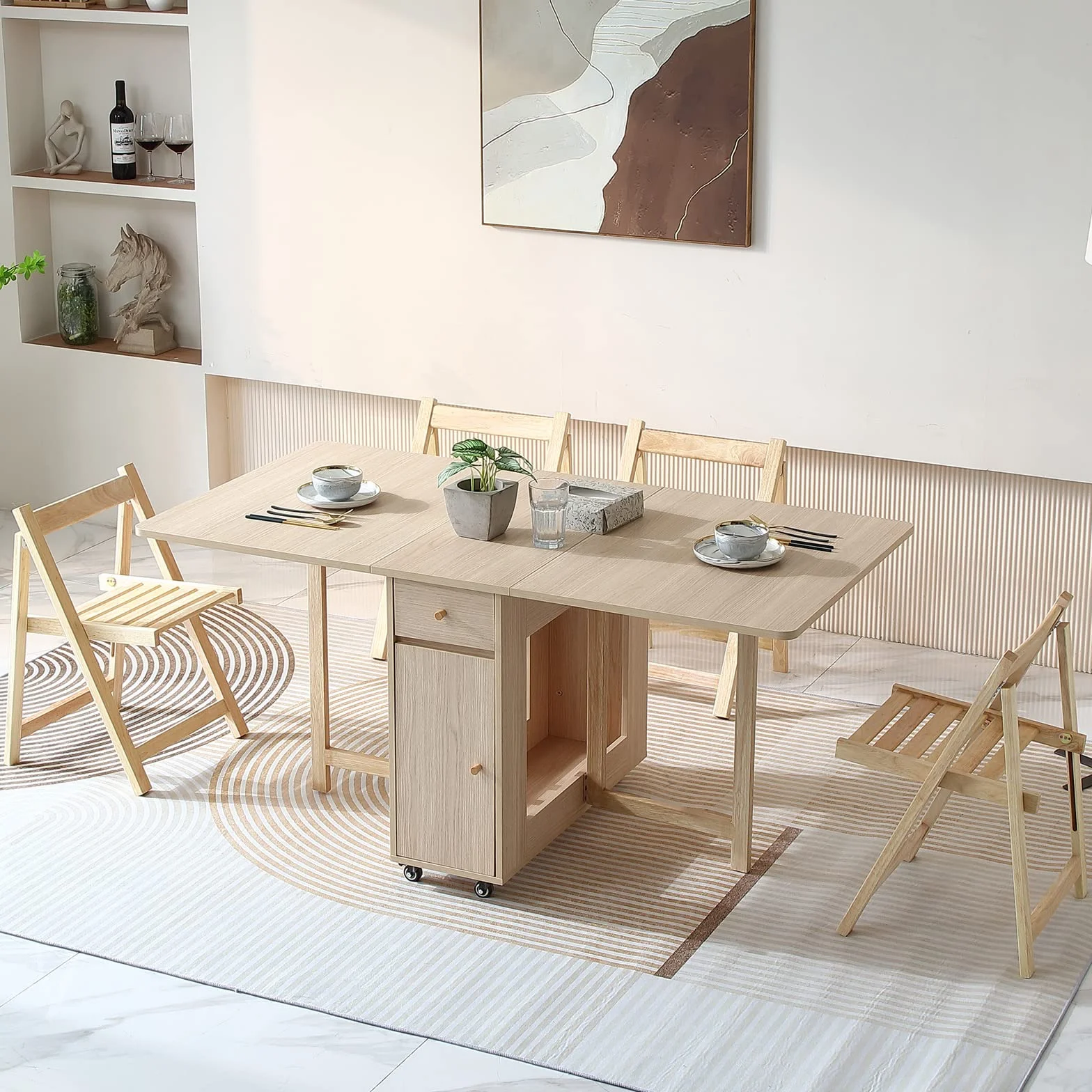 Wood Drop Leaf Folding Dining Table with 2 Drawers and 4 Wheels, Wooden Padded Chairs Set of 4, Space Saving Dining Table with 4 Chairs