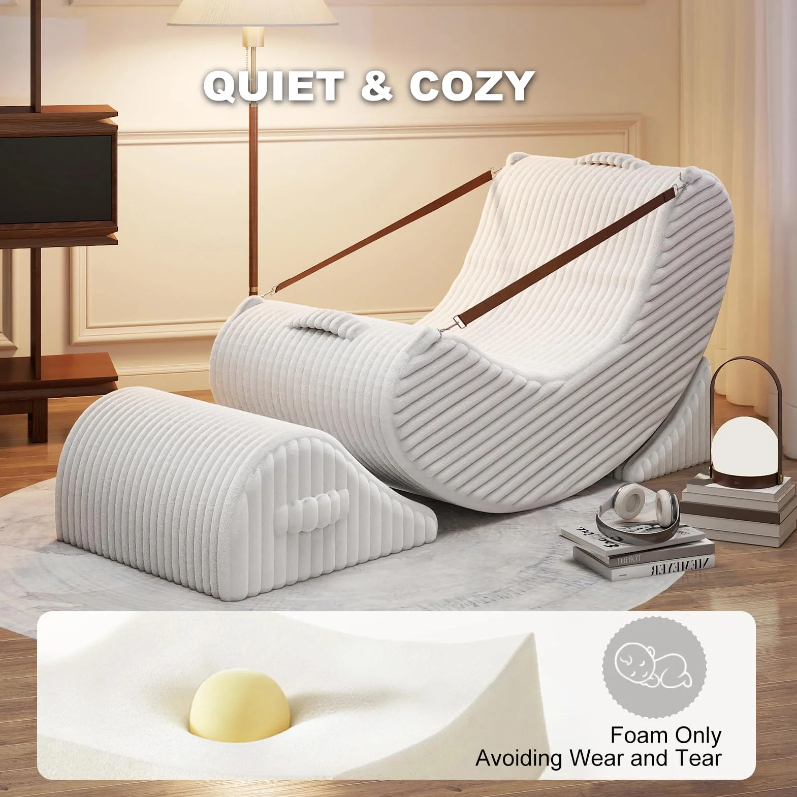 Quiet Rocking Chair, 3-in-1 Adjustable Boneless Floor Recliner for Adults | Zero Gravity Comfort as a Rocker, Chaise Lounger or Floor Seat, with Faux Fur Washable Cover for Reading, Nursing or Gaming