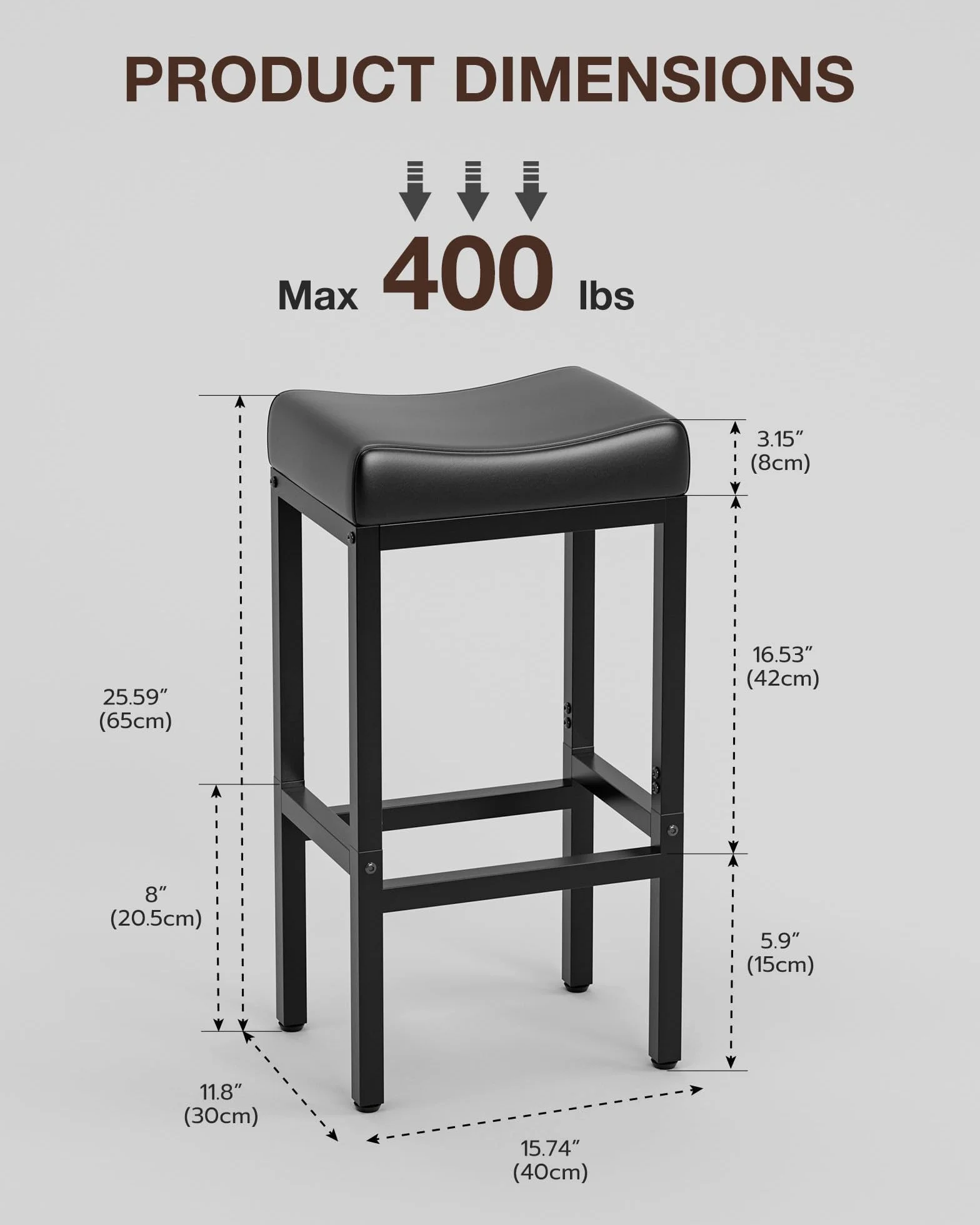 Bar Stools Set of 2-24 Inch Counter Height Chairs for Kitchen Island, Leather Seat with 400 LBS Heavy-Duty Metal Frame and Adjustable Feet, Easy to Assemble for Bar, Café or Dining Room,Black