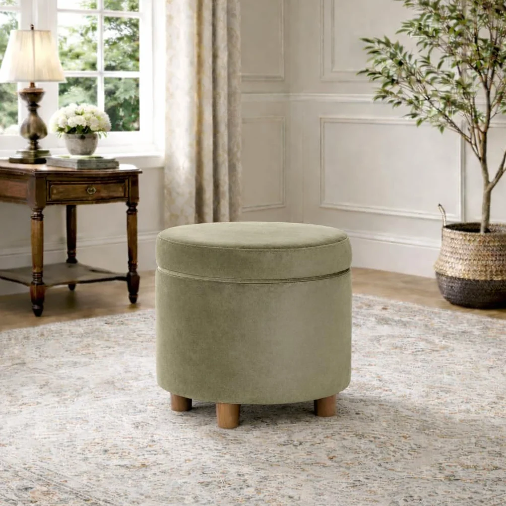 HomePop Home Decor | Upholstered Round Storage Ottoman | Ottoman with Storage for Living Room & Bedroom, Light Sage Green Velvet Large