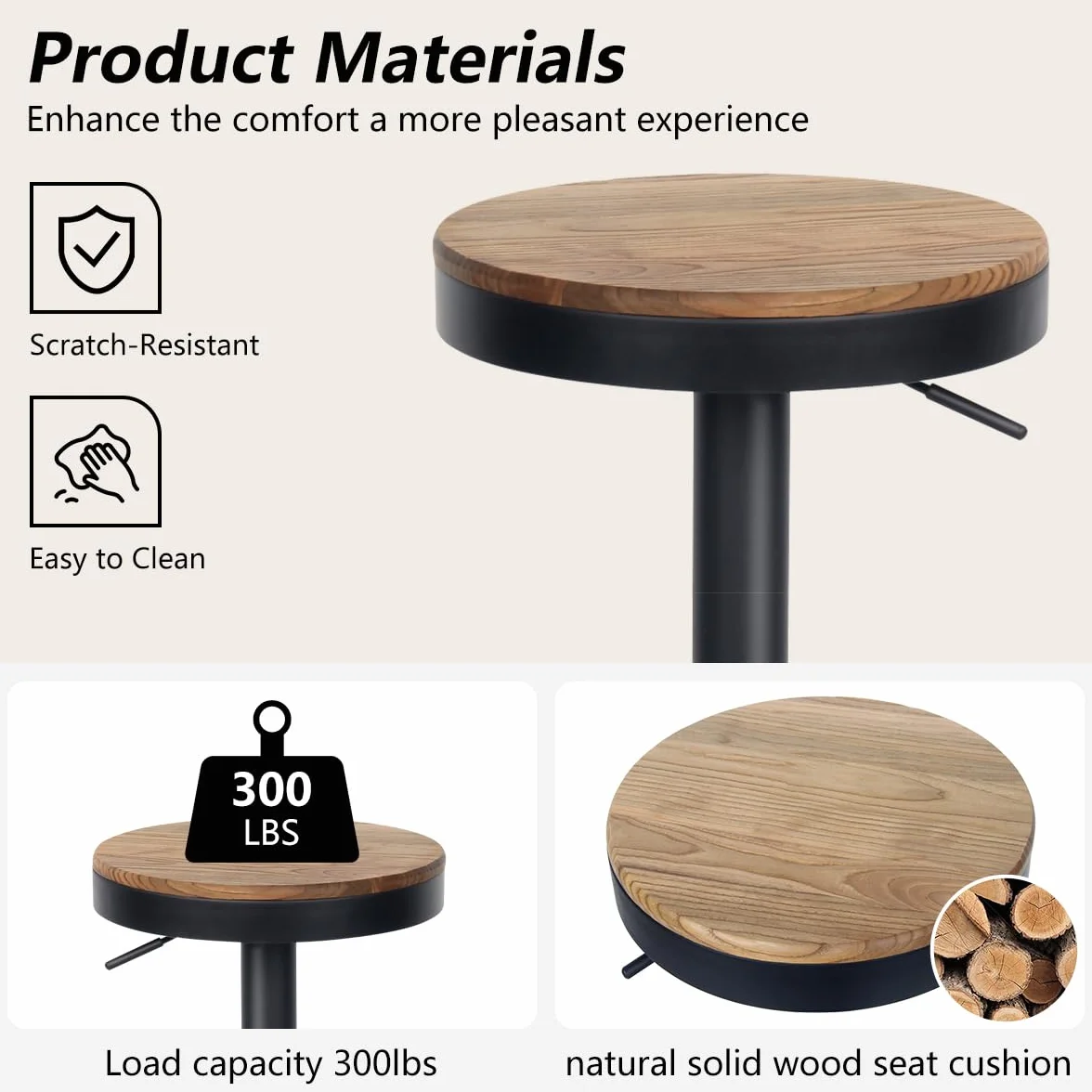 Kidol & Shellder Black Bar Stools Set of 2 Adjustable Swivel Backless Barstools Modern Round Wooden Seat Counter Height Bar Chairs Armless for Kitchen Island, Cafe, Dining Room