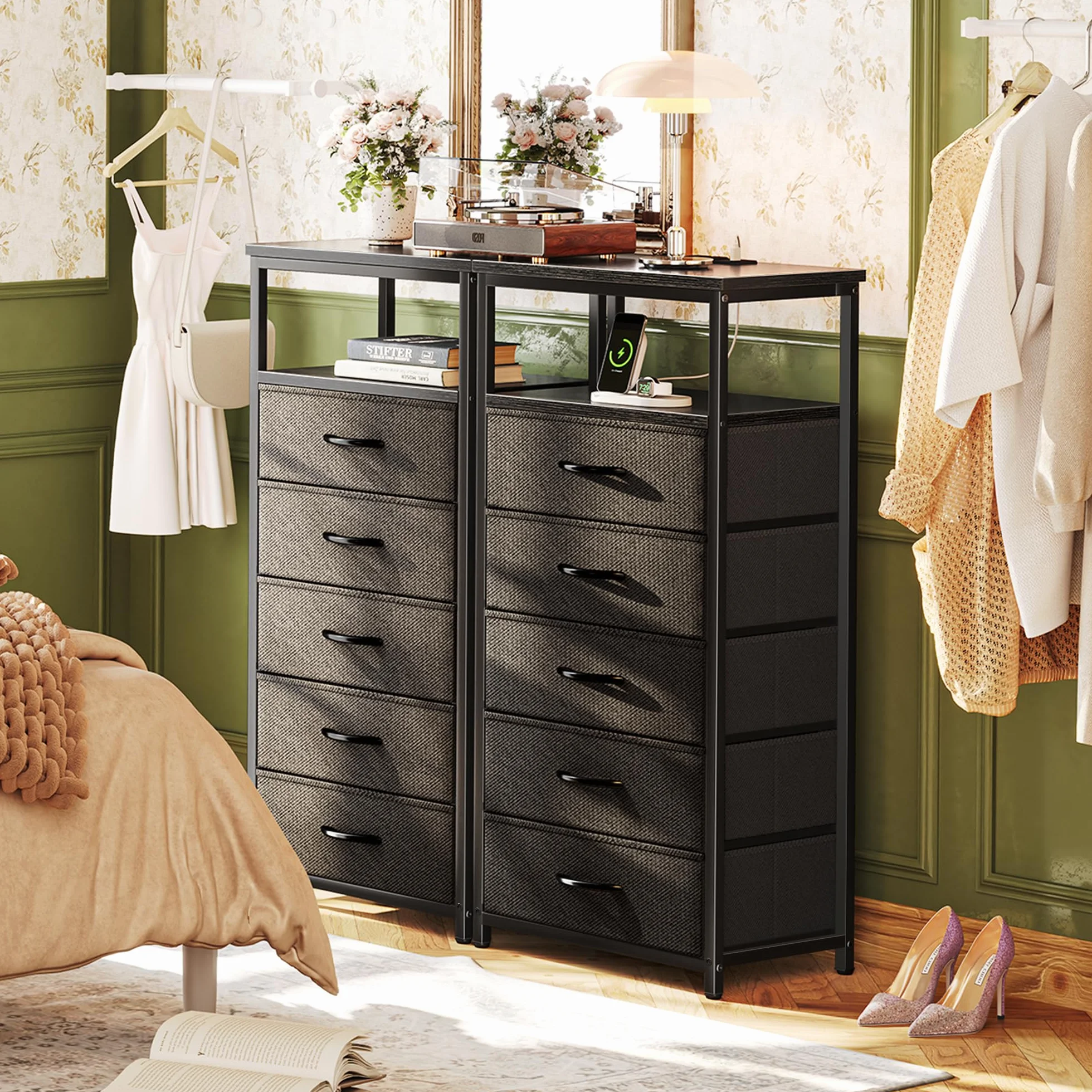 Huuger 5 Drawers Dresser with Charging Station, Dresser for Bedroom, Tall Night Stand, Chest of Drawers with Open Shelf, Bedside Table Nightstand, Fabric Storage Drawers, for Entryway, Black