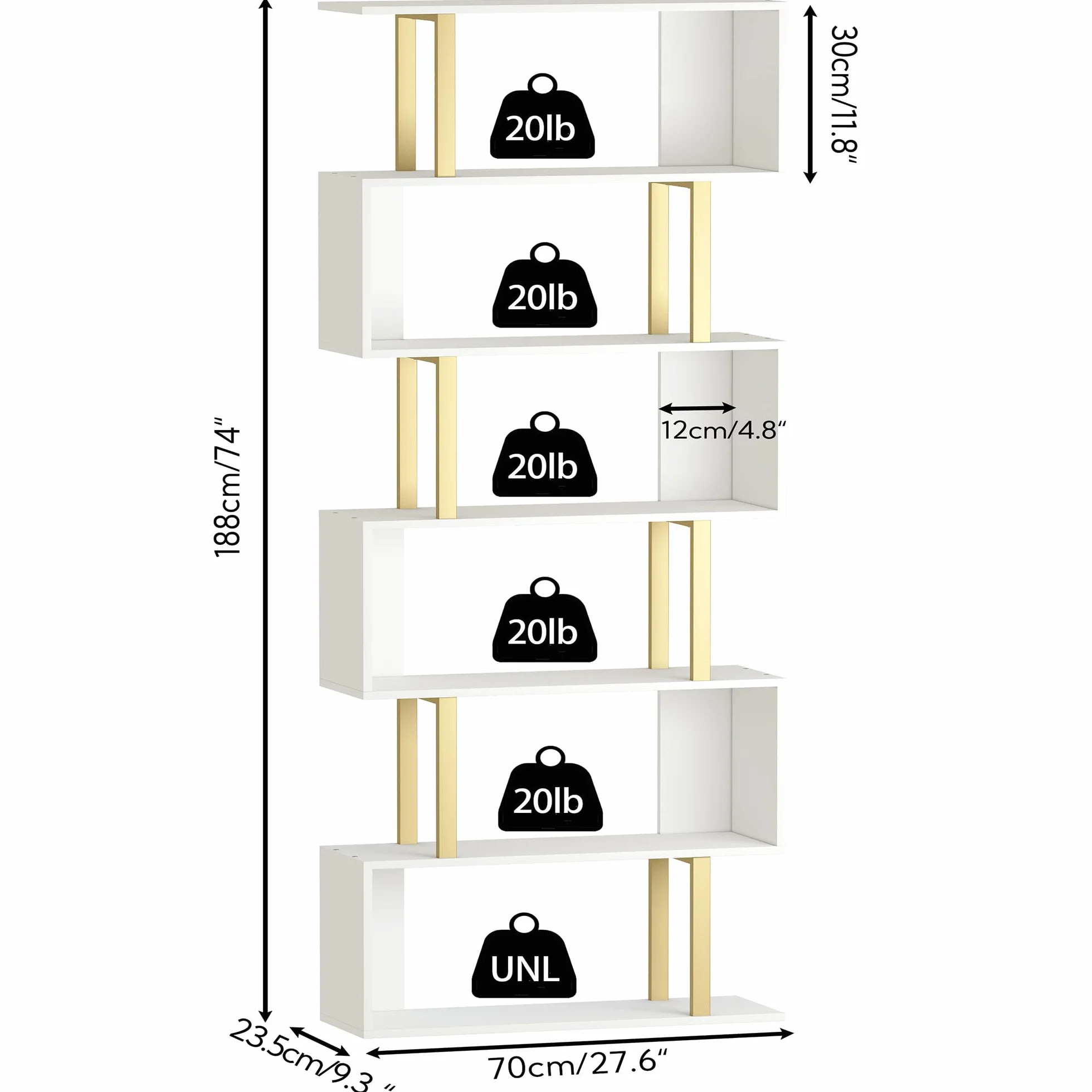 Yusong Geometric Bookcase, S Shaped Bookshelf 6-Tier Book Shelves for Bedroom, Modern Wood Decorative Display Shelf Tall Book Case for Home Office, Gold and White