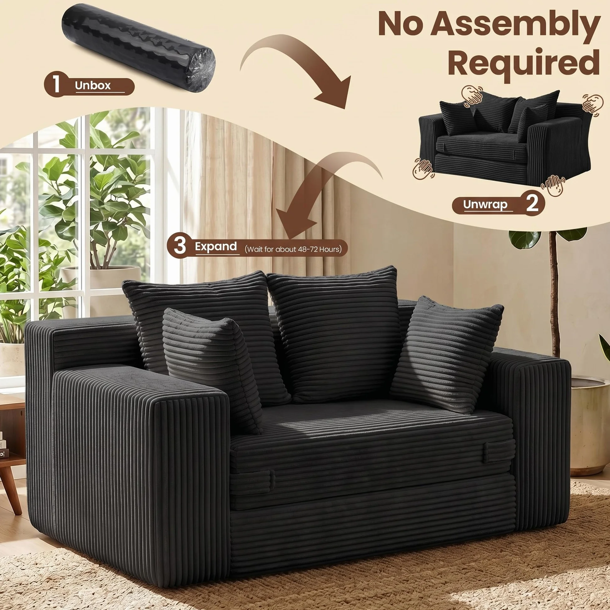 Boneless Mini Couch 53 Inch, 3-in-1 Black Boneless Couches Covertible Sofa Bed with 4 Pillows, Small Couches for Living Room, Bedroom, Small Space