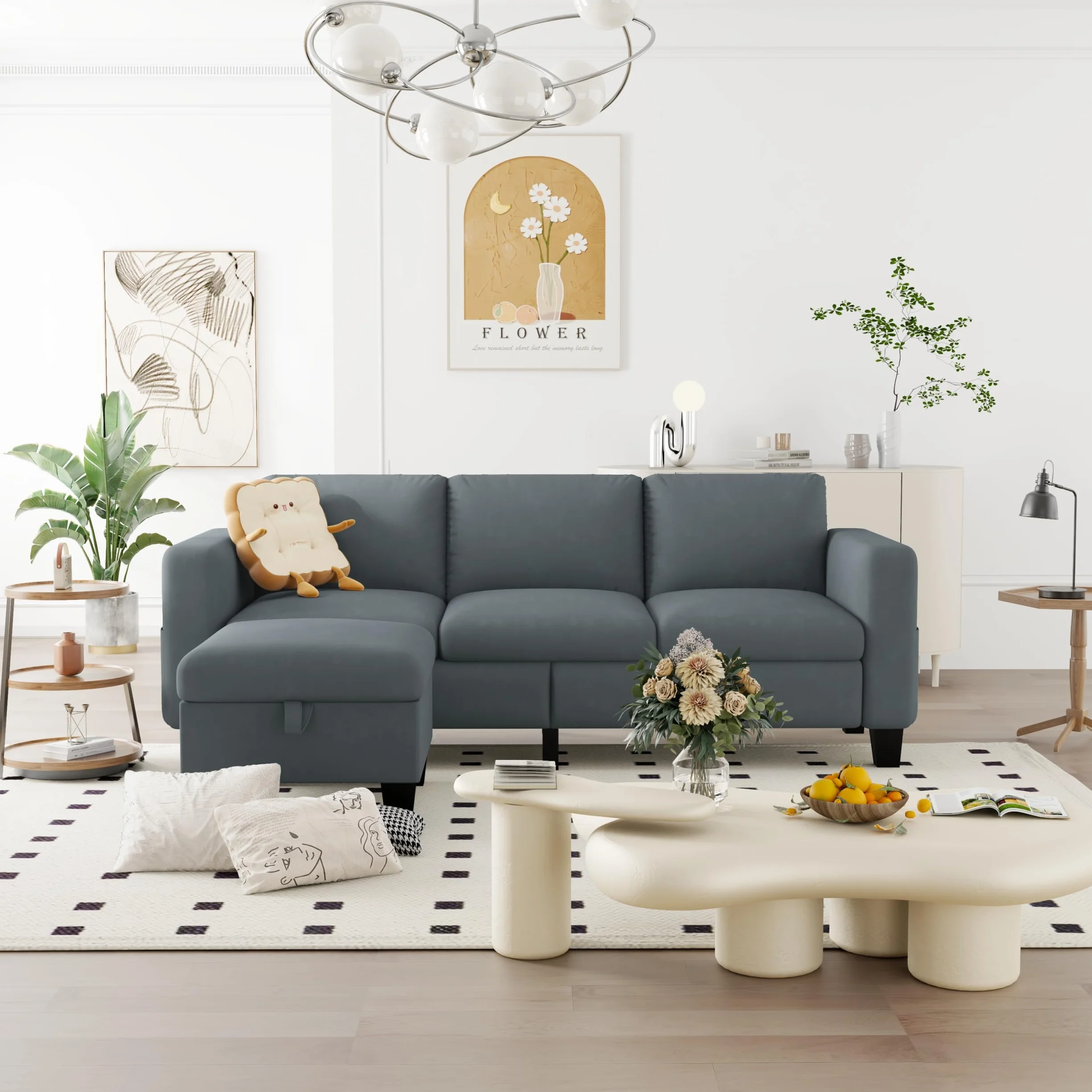 ZeeFu Convertible Sectional Sofa Couch,Classic 3 Seat L-Shaped Sofa with Movable Ottoman, Modern Dark Grey Velvet Fabric Upholstered Small Sectional Sofa Couch for Small Apartment Living Room Office