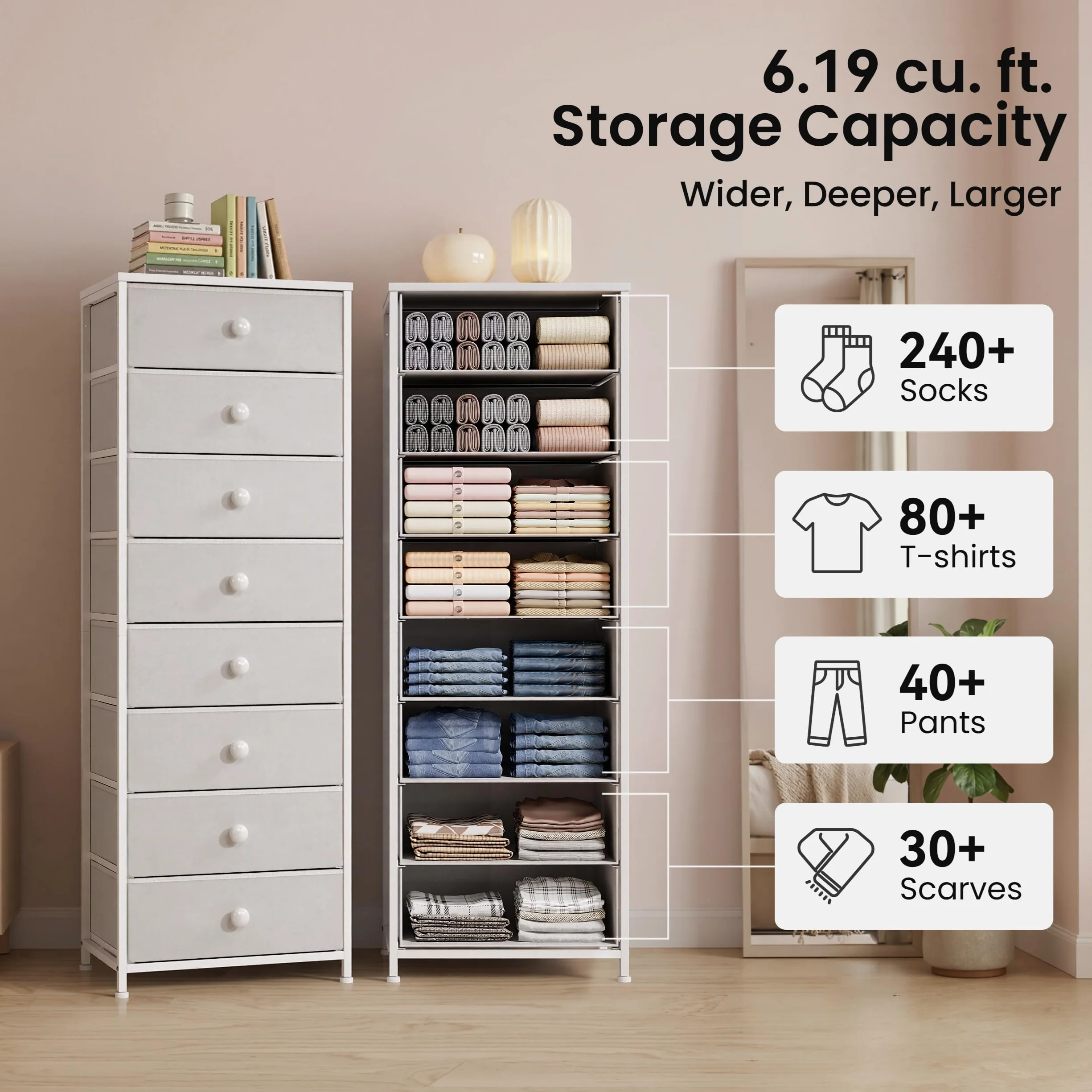 Fabric Dresser for Bedroom, 8 Drawer Tall Vertical Skinny Tower (White) | Wooden Top, Steel Frame, Easy Pull Bin,Organizer Unit for Living Room, Hallway, Entryway, Nursery, Closets