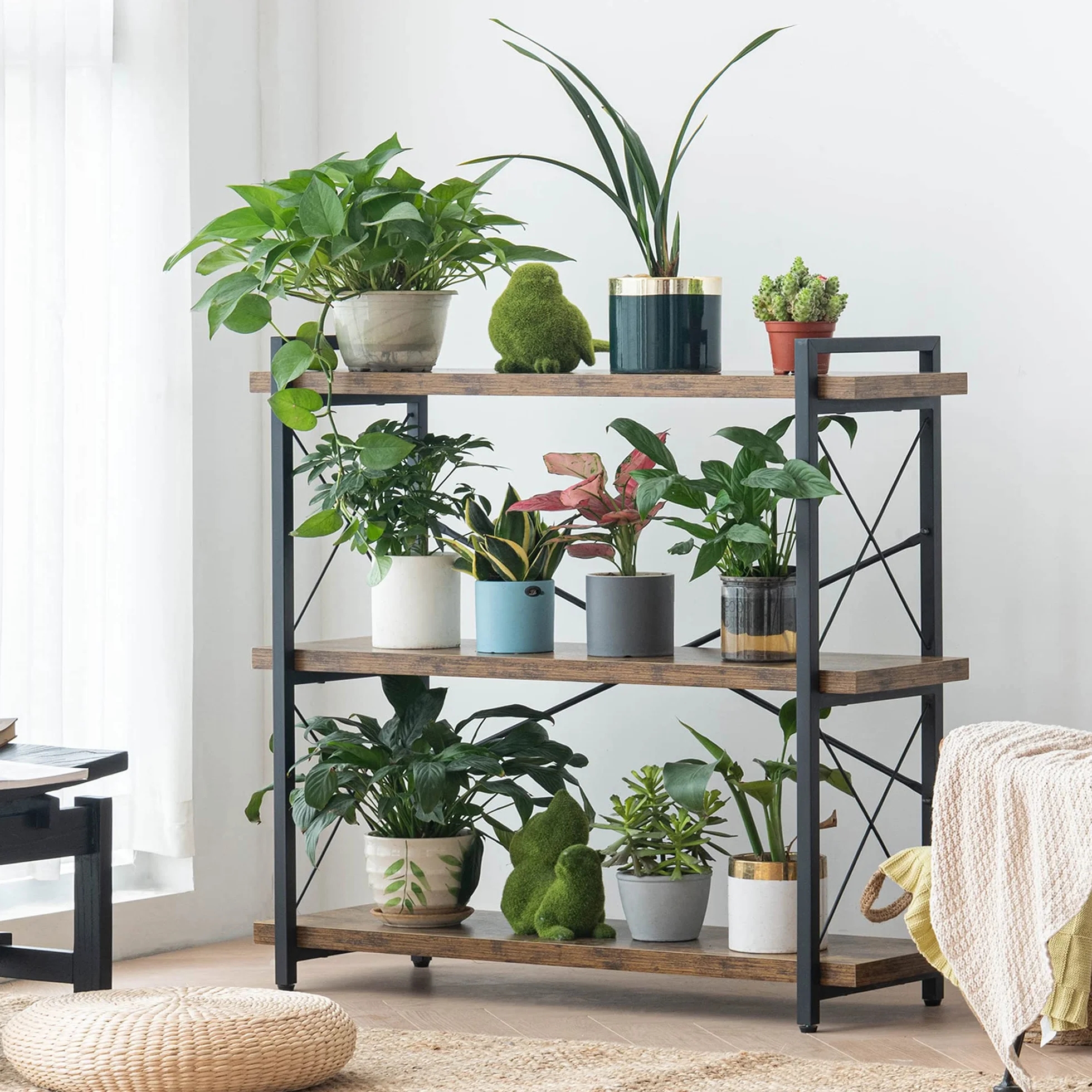 HCHQHS 3-Tier Industrial Bookshelf, 35" W x 12" D x 35" H | 1.2" Shelf Thickness, 14.17" Shelf Height, Wood and Metal, Horizontal, Rustic Brown, for Office Living Room Bedroom
