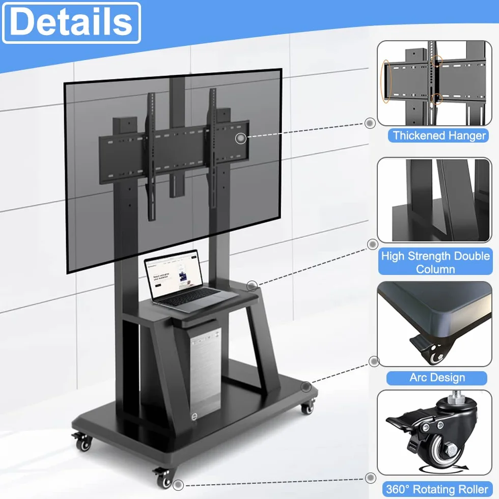Hellsehen Mobile TV Stand,Rolling TVs Cart on Wheels Height Adjustable Heavy-Duty Floor Stand Base for 32-75 Inch LCD LED OLED Flat Panel Screens Smartboard Movable Holds up to 220lbs with Shelf