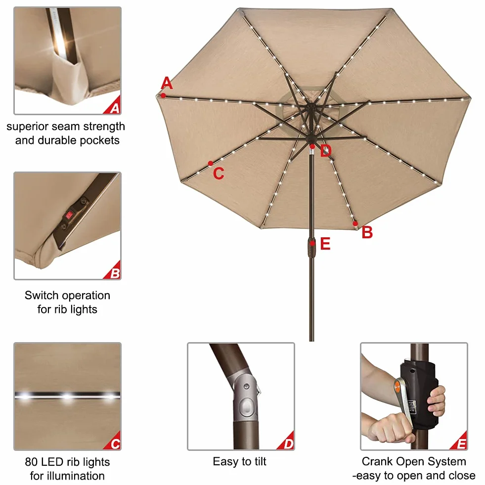 EliteShade USA 10-Year-Non-Fading 9ft Market Patio Umbrella, Commercial Grade Table Sun Umbrella with 80 Solar LED Lights, Crank Open, Windproof & UPF 50+ UV Protection for Garden, Deck, Pool, Backyard, Heather Beige