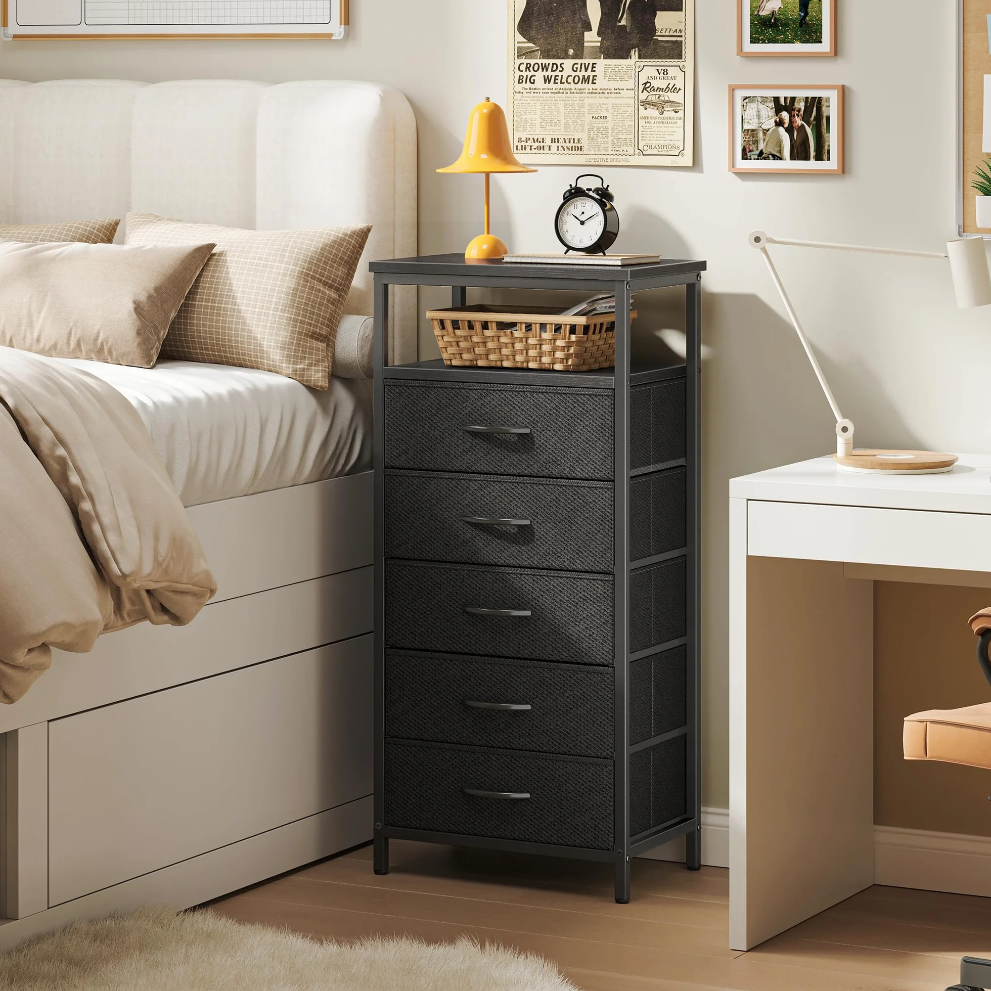 Huuger 5 Drawers Dresser with Charging Station, Dresser for Bedroom, Tall Night Stand, Chest of Drawers with Open Shelf, Bedside Table Nightstand, Fabric Storage Drawers, for Entryway, Black