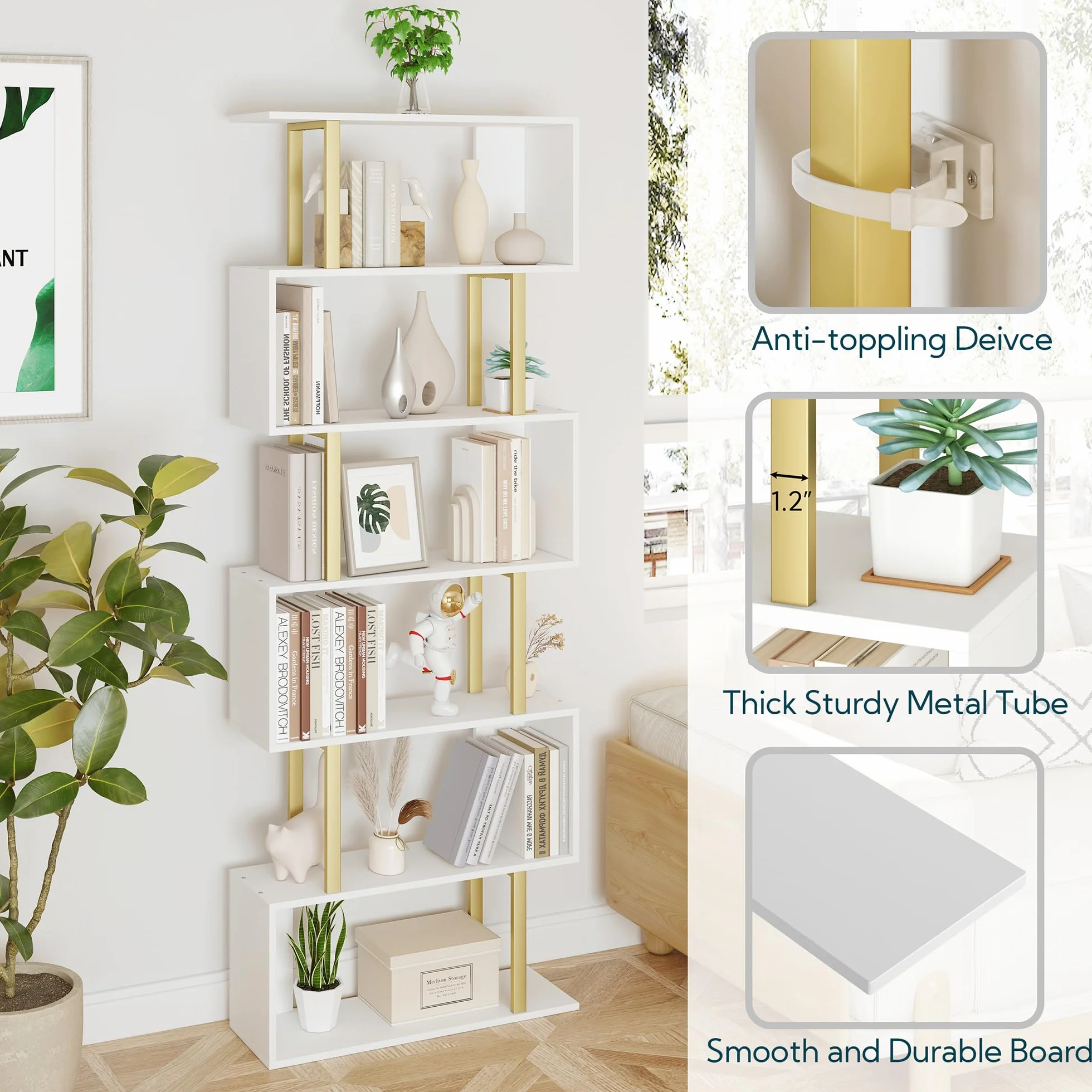 Yusong Geometric Bookcase, S Shaped Bookshelf 6-Tier Book Shelves for Bedroom, Modern Wood Decorative Display Shelf Tall Book Case for Home Office, Gold and White