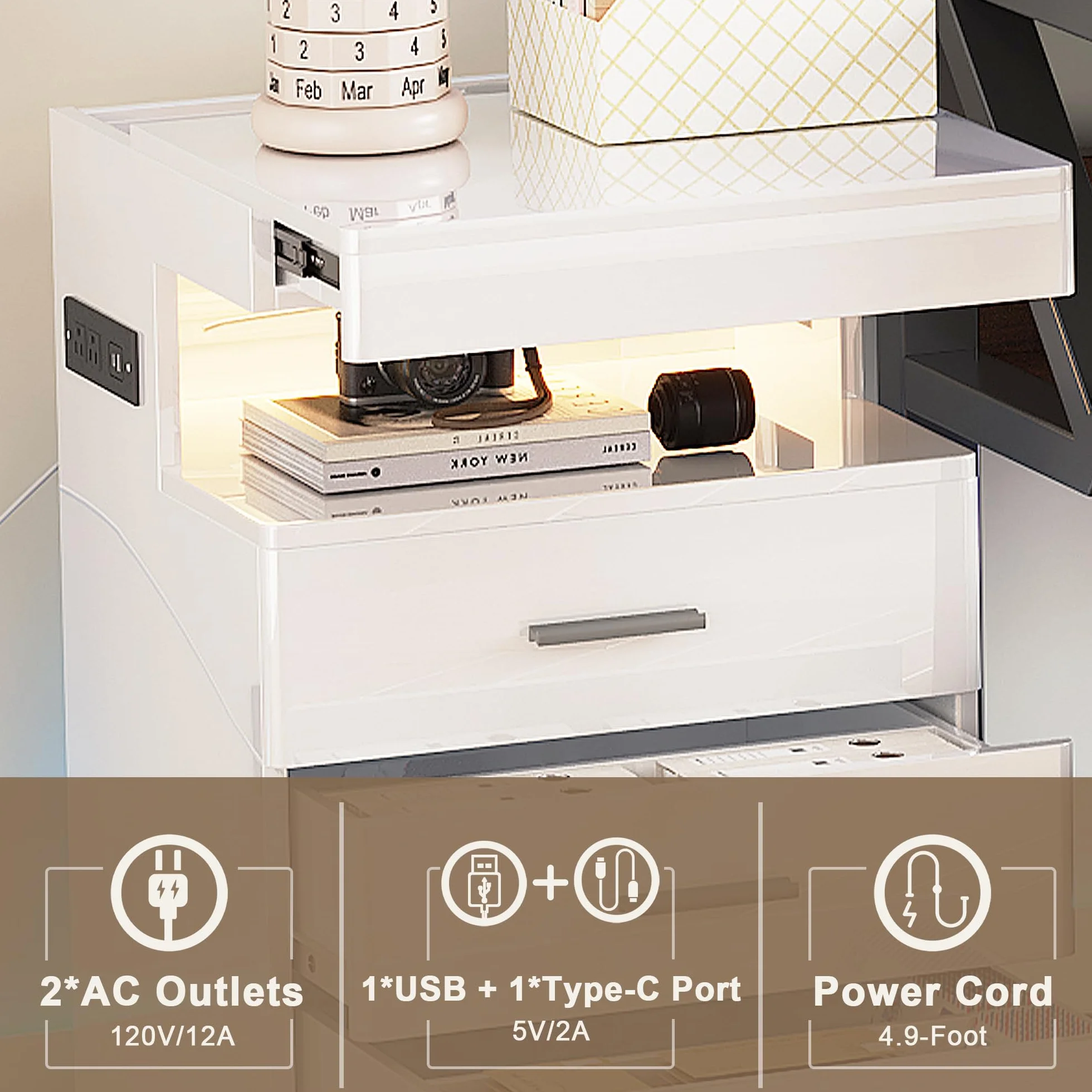 Treocho Led Nightstand with Hidden Space & Charging Station | 3 Drawer Smart Nightstand, Glossy Finish, RGB Lights, Tall Bedside Table for Bedroom, White