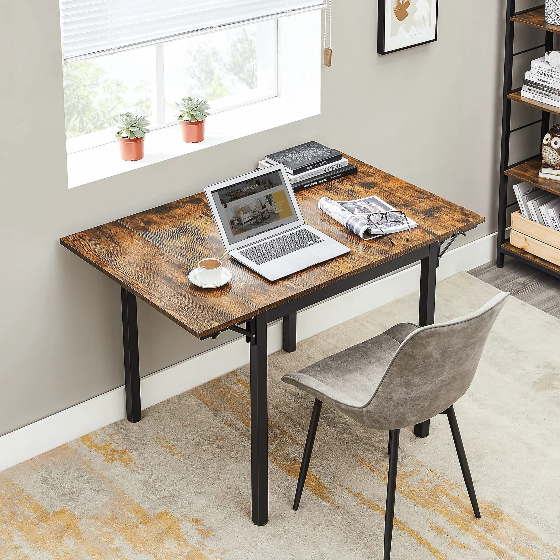 VASAGLE Folding Dining Table, Kitchen Table, Drop Leaf Extendable Table for Small Spaces, Seats 2-4 People, Industrial, Rustic Brown and Black UKDT077B01