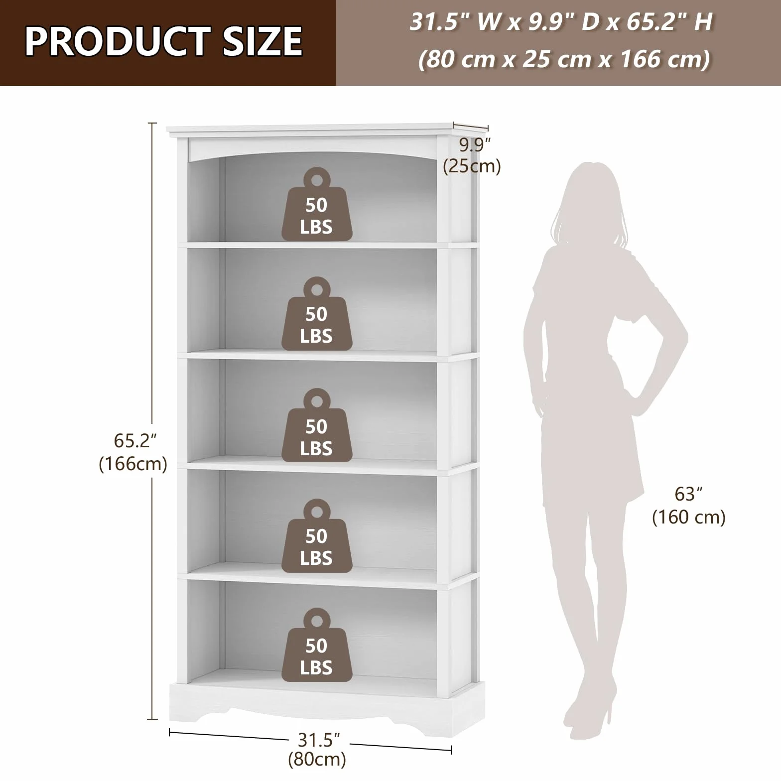 TVU 5-Tier Wooden Bookshelf, 31.5" W x 65" H ×9.9" D Bookshelf with Storage, Floor Standing Modern Style Display Bookcase for Living Room, Office, Study Room, Entryway, White
