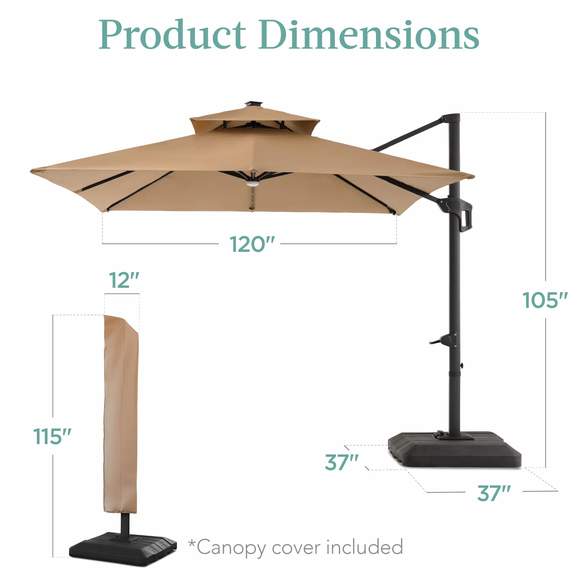 Best Choice Products 10x10ft Cantilever Patio Umbrella w/Base Included, Solar LED Lights 360 Rotation Large Offset Hanging Outdoor Shade for Deck Pool Backyard w/Stand – Tan