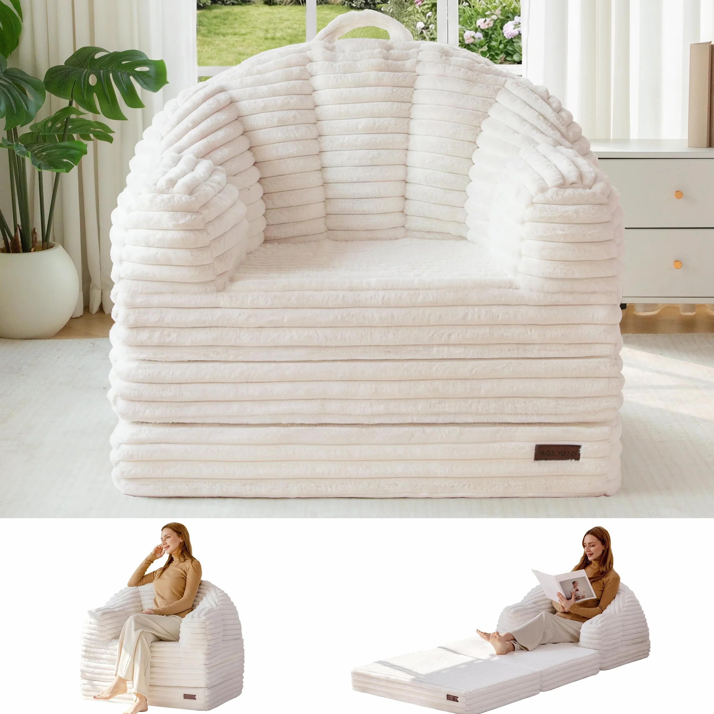 MAXYOYO Folding Sofa Bed Chair, Sleeper Chair for Adults, Faux Fur, Single | 2-in-1 Fold-Out Chair Bed, Convertible Floor Lounger with Carry Handle for Reading or Relaxing , Beige