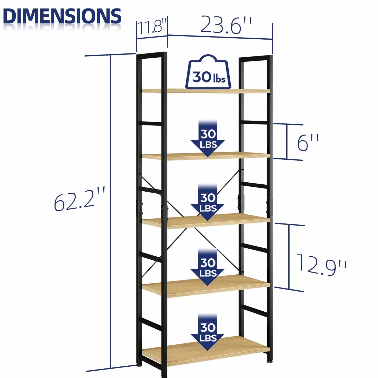 NUMENN 5 Tier Bookshelf, Tall Freestanding Open Storage Bookcase, Natural | Storage Organizer with Metal Frame & Wood Shelves, Support Bars & Adjustable Feet for Bedroom, Living Room & Home Office