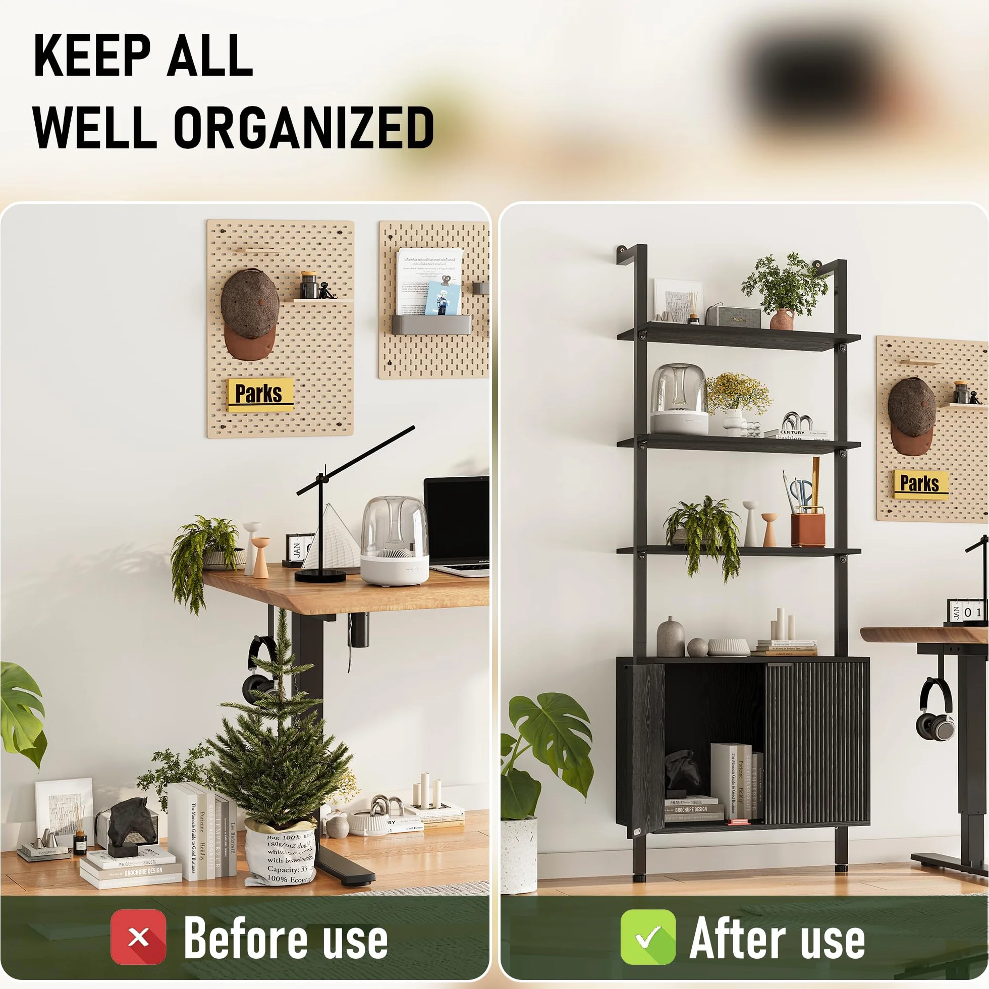 74" Tall Bookshelf with Storage Cabinet, Modern Ladder Shelf with Wood and Metal Frame, Wall Mount Bookcase Open Display Shelf Furniture for Living Room, Bedroom, Home Office，Black