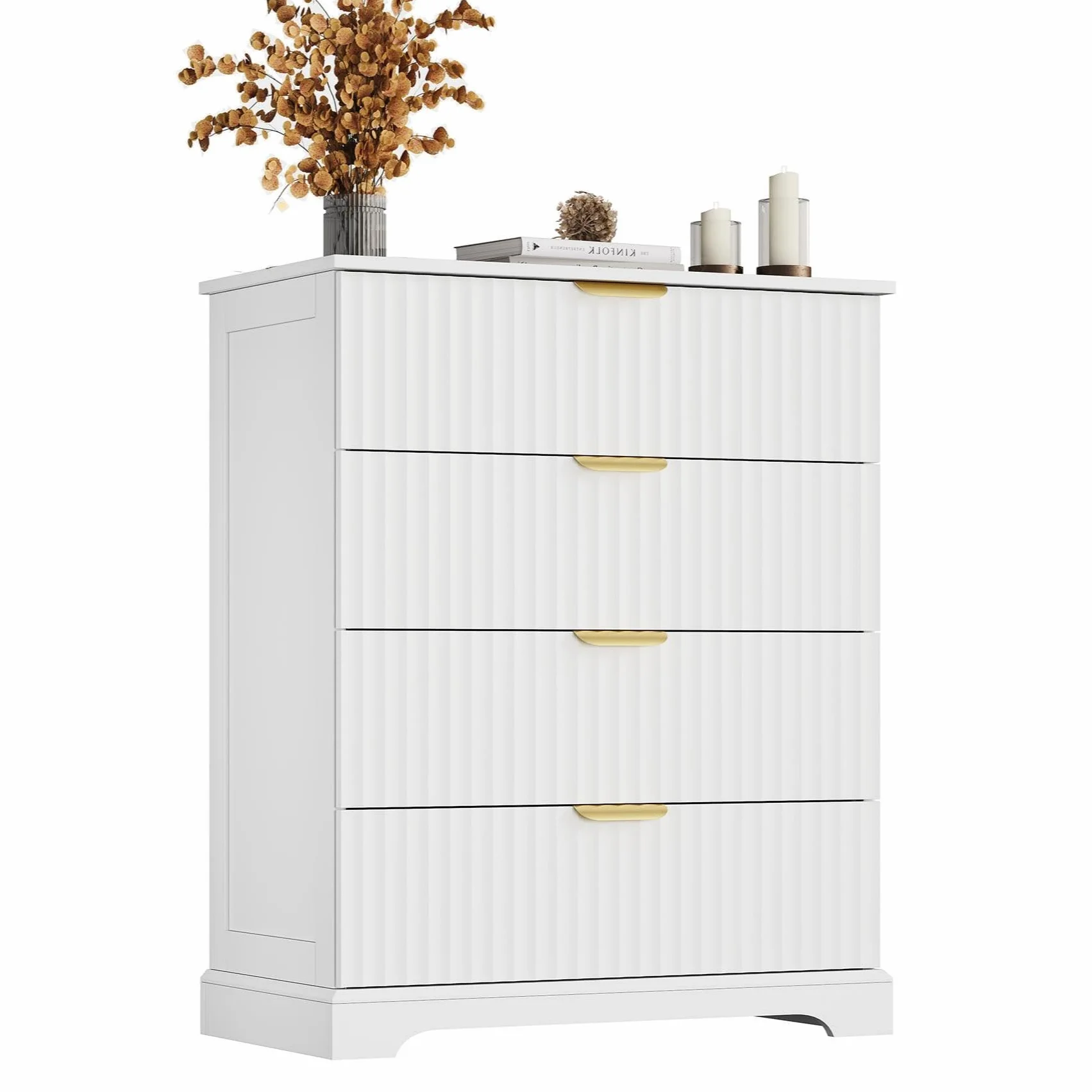 Wooden 4 Drawer Dresser for Bedroom, 36.6 in Tall Fluted Dresser with Metal Handles, Modern Chest of Drawers for Bedroom, Living Room, Entryway, White