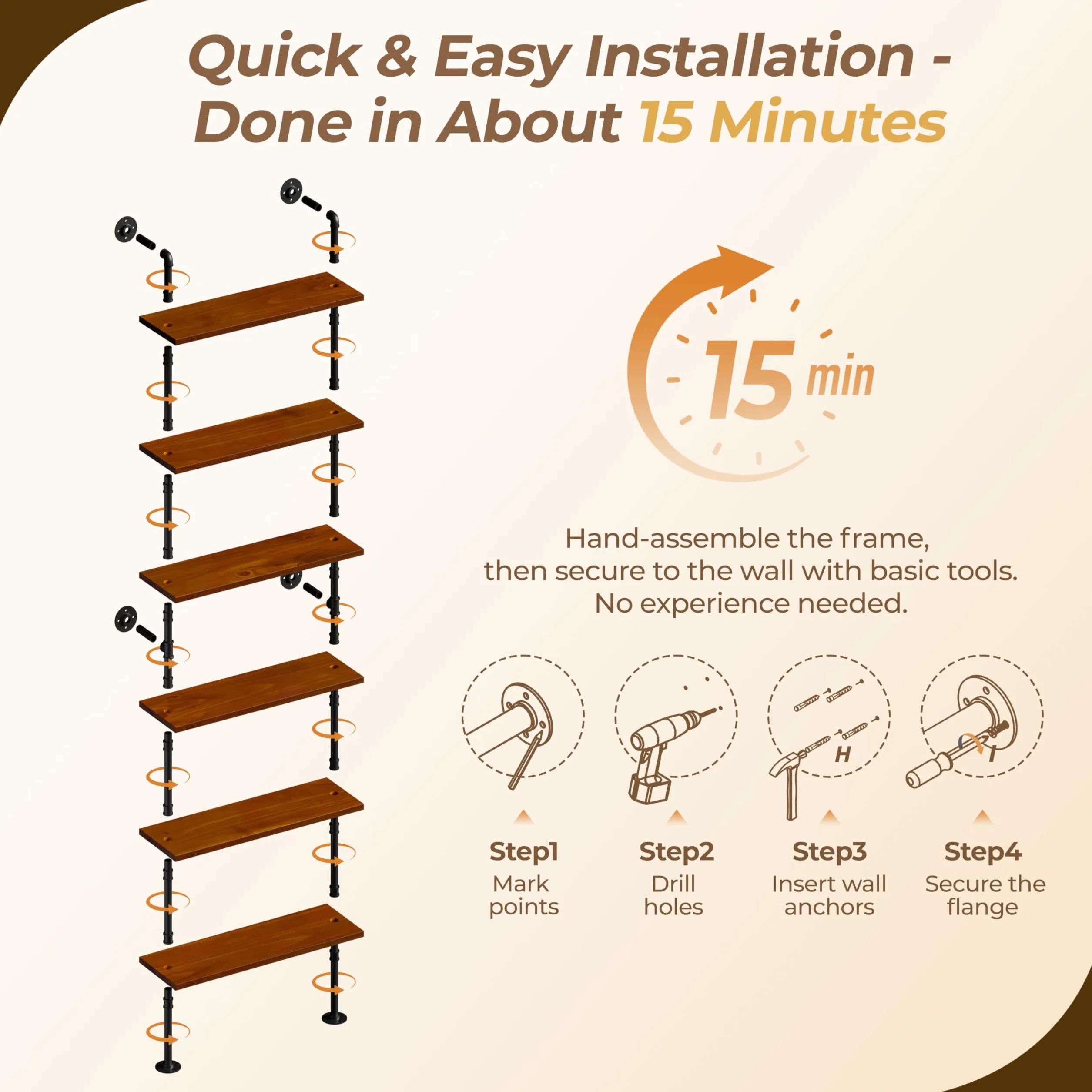 Industrial Pipe Bookshelf, Wall Mounted Shelf, 36 Inch, Walnut Brown | 6 Tier Open Bookcase, Solid pine wood, black iron pipe frame, 40 lbs per shelf, for books, kitchen, office decor