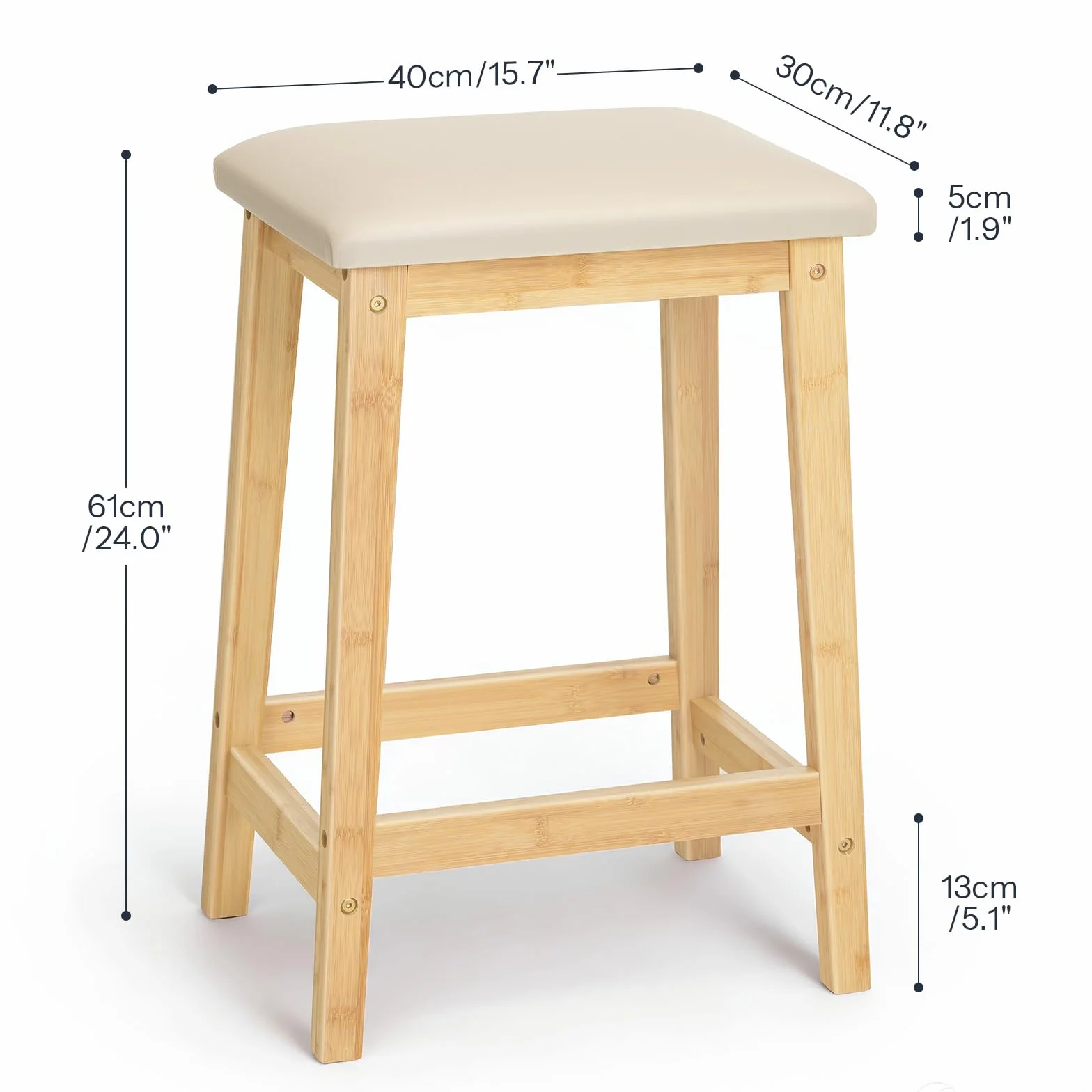 HOOBRO Bar Stools, Set of 2 Bar Chairs, Counter Height Bar Stools, PU Upholstered Kitchen Stools, 24 Inch Bamboo Saddle Stools with Footrests, for Kitchen, Dining Room, Bar, Beige and Natural YE04MD01