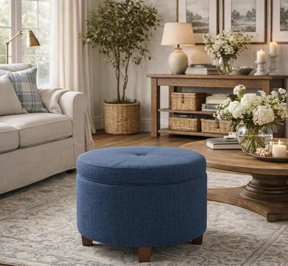 HomePop 24" Large Round Storage Ottoman - Blue Woven Fabric