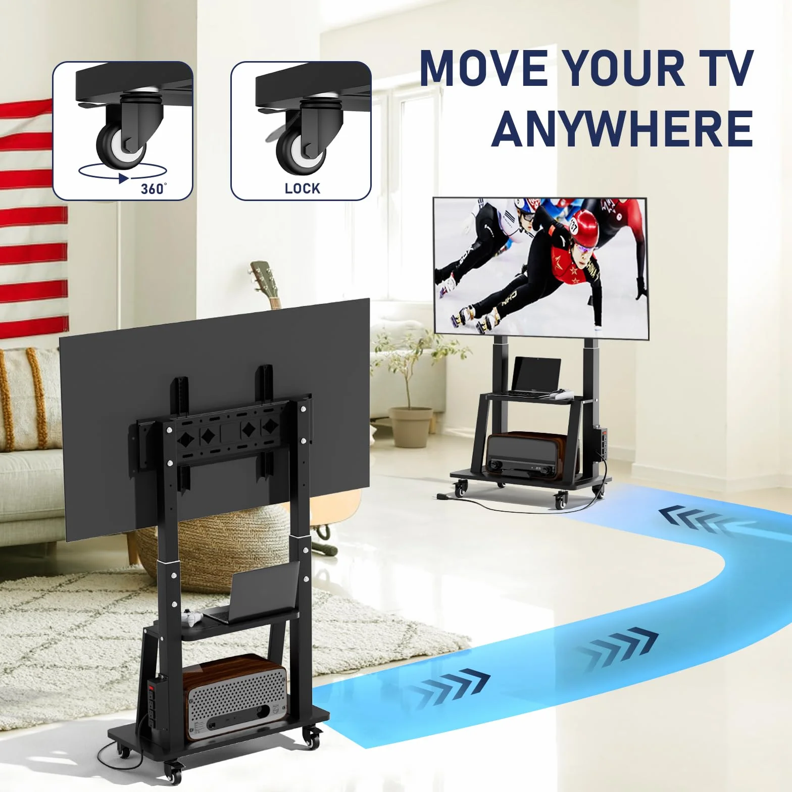 Mobile TV Cart with Power Outlet, Rolling TV Stand on Wheels for 32 to 65 70 75 83 inch TV, Height Adjustable,Holds up to 130LBS, Vesa 600×400mm.