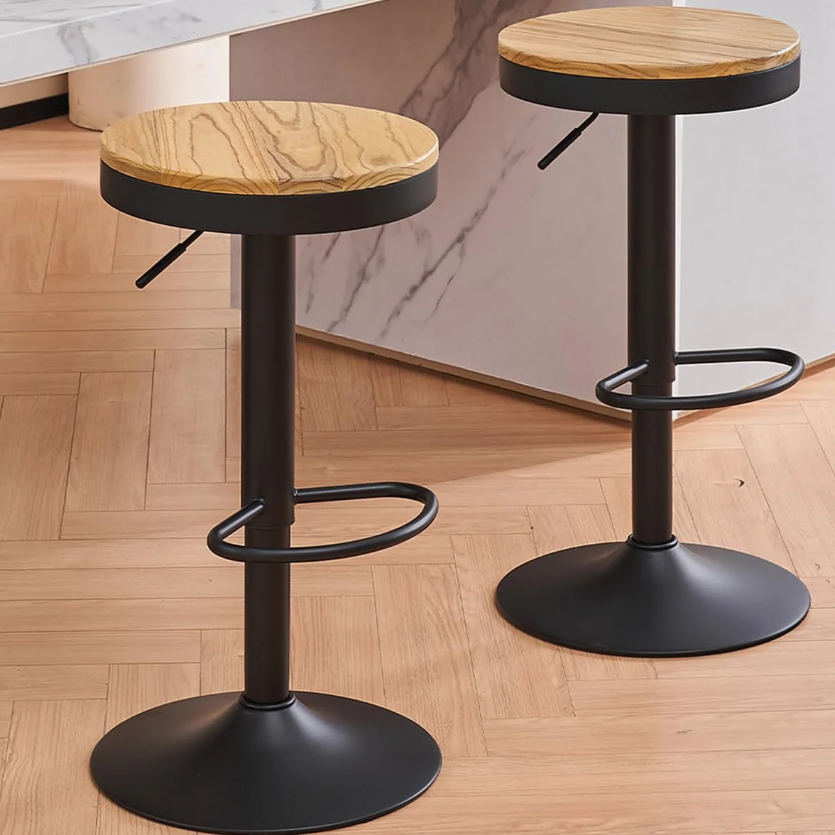 Kidol & Shellder Black Bar Stools Set of 2 Adjustable Swivel Backless Barstools Modern Round Wooden Seat Counter Height Bar Chairs Armless for Kitchen Island, Cafe, Dining Room