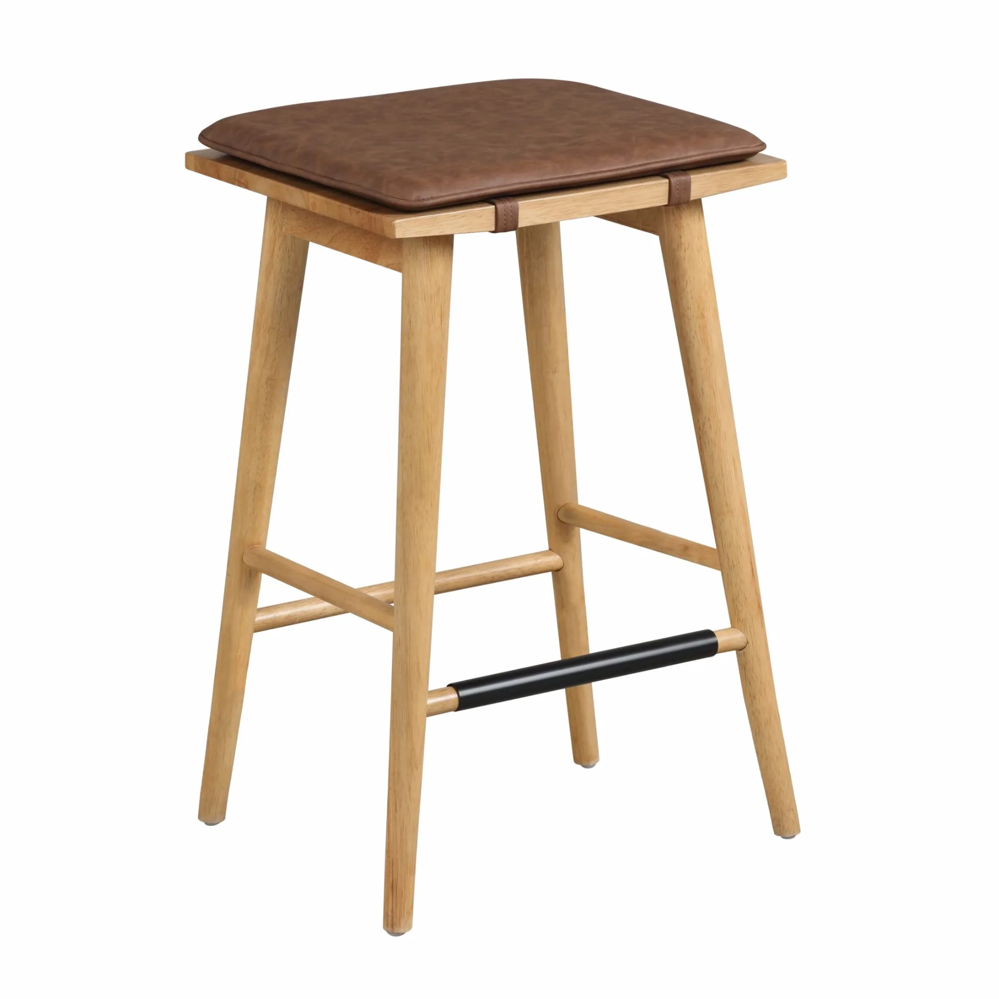 Nathan James Barker Classic Counter Height Wood Barstool with Leather Removable Cushion, Backless Island 24" Bar Stool for Kitchen, Chestnut Brown