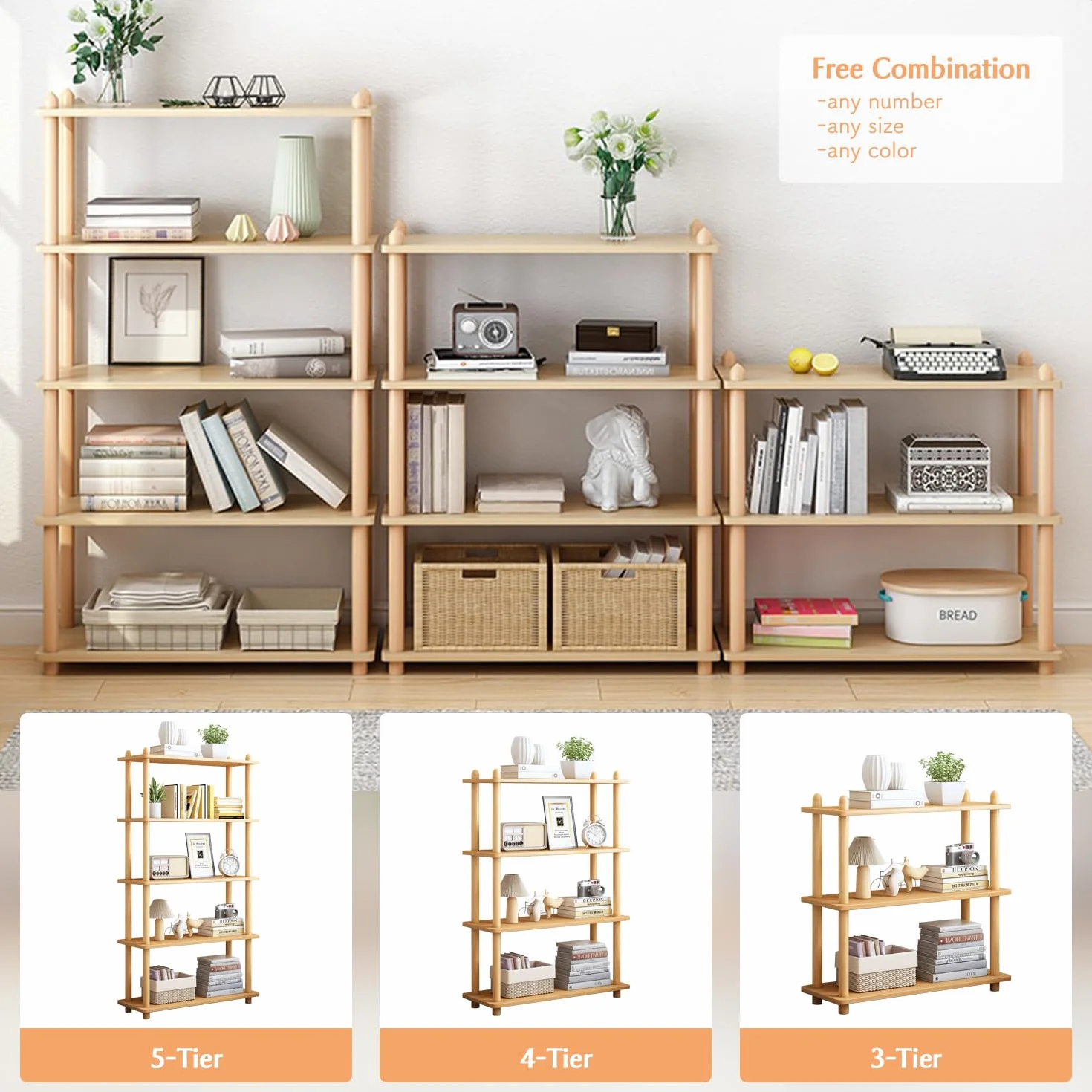 IOTXY 4-Tier Wooden Shelf Bookcase, Freestanding Open Bookshelf, Oak | Beech Wood Frame, 0.63" Shelves, Display Storage for Books, Plants, Decor, Living Room, Bedroom, Home Office
