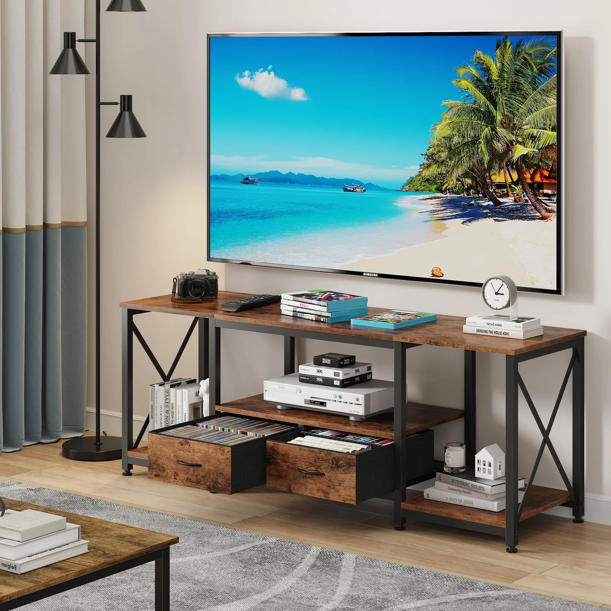 GYIIYUO TV Stand with Fabric Drawer - Entertainment Center and Industrial TV Console Table with Open Storage Shelves for Living Room, Bedroom - 55.1" Rustic Brown