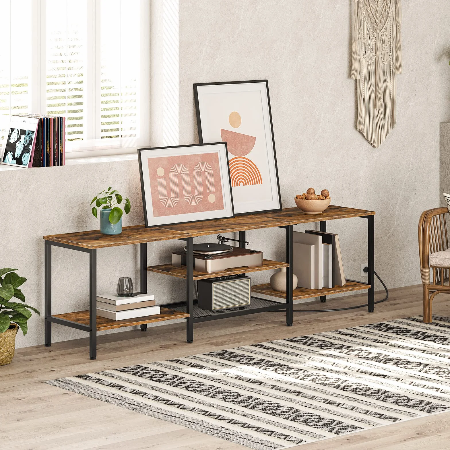 HOOBRO TV Stand with Power Outlets to 75 Inches, TV Console Table with Open Storage Shelves Cabinet, Industrial Media Entertainment Center for Living Room Bedroom, Rustic Brown and Black BF80DS01