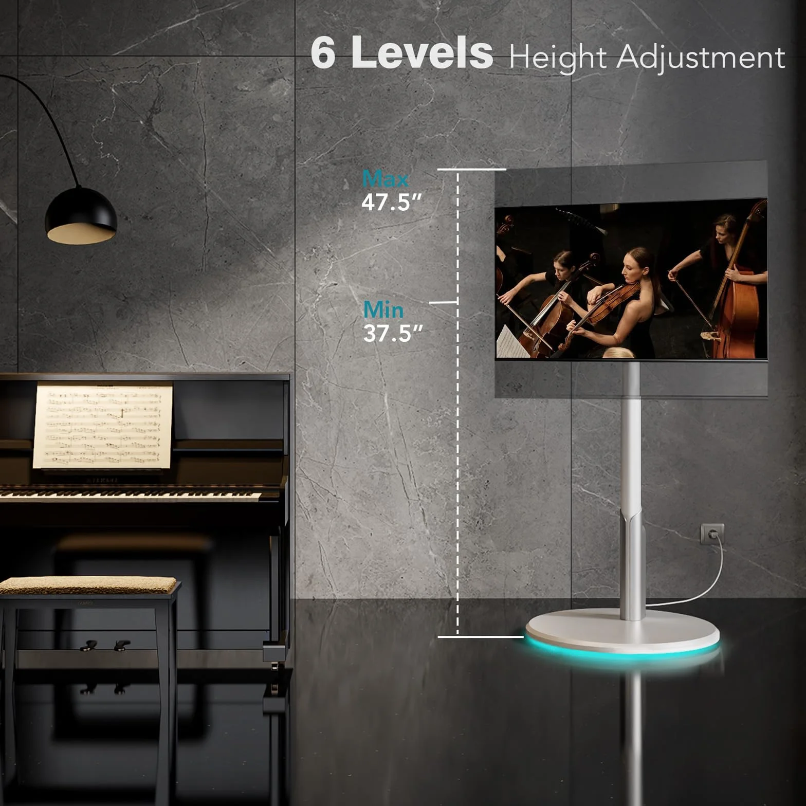 Floor Mobile TV Stand with Power Outlet, Rolling TV Cart for 27-65 Inch OLED LED Monitors, 6 Levels of Height Adjustment, Ambient Lighting on The Bottom Wheels Holds up to 88lbs, 400x400mm