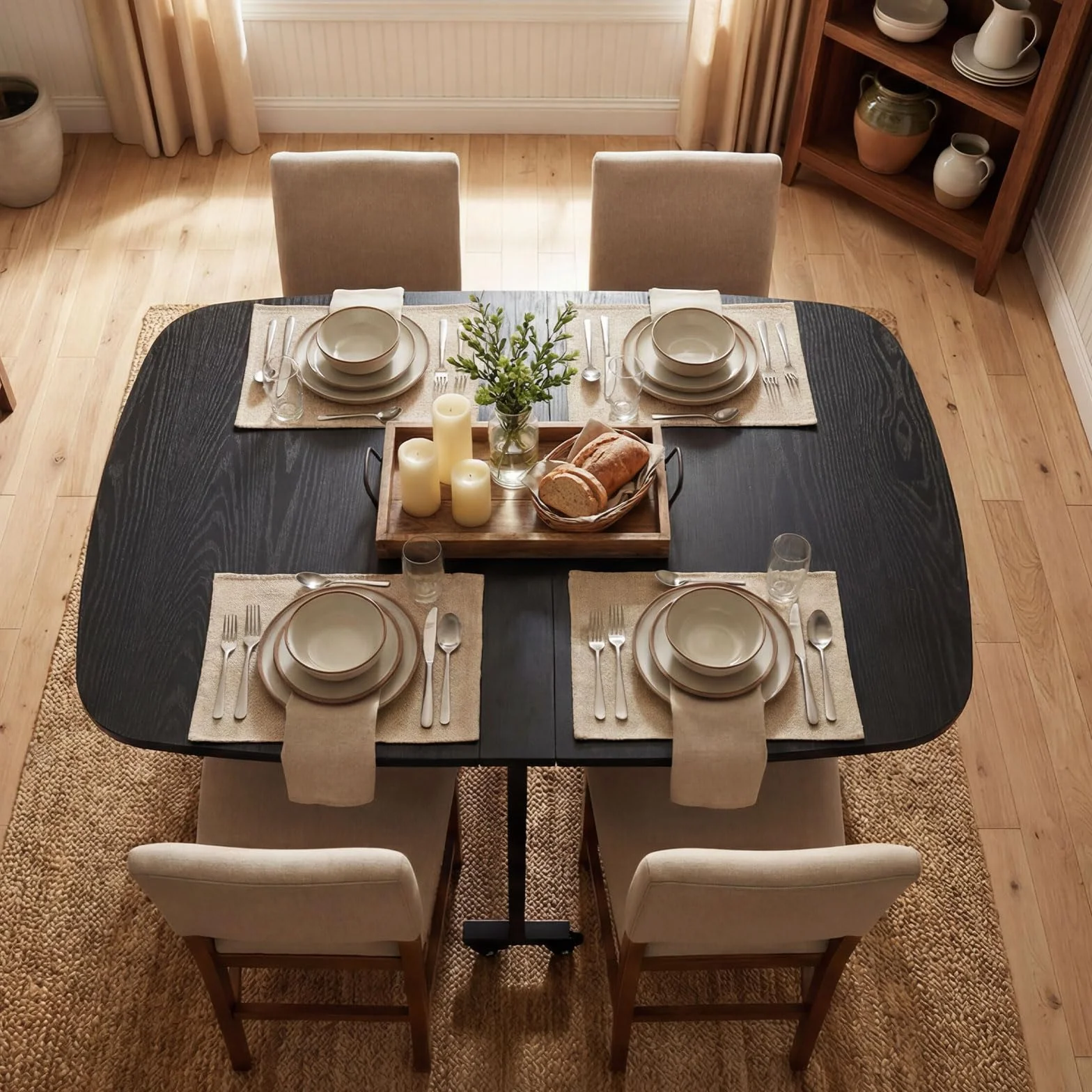 Multifunction Table Drop Leaf Dining Table - 47" Wooden Foldable Kitchen Table with 6 Wheels (Black)