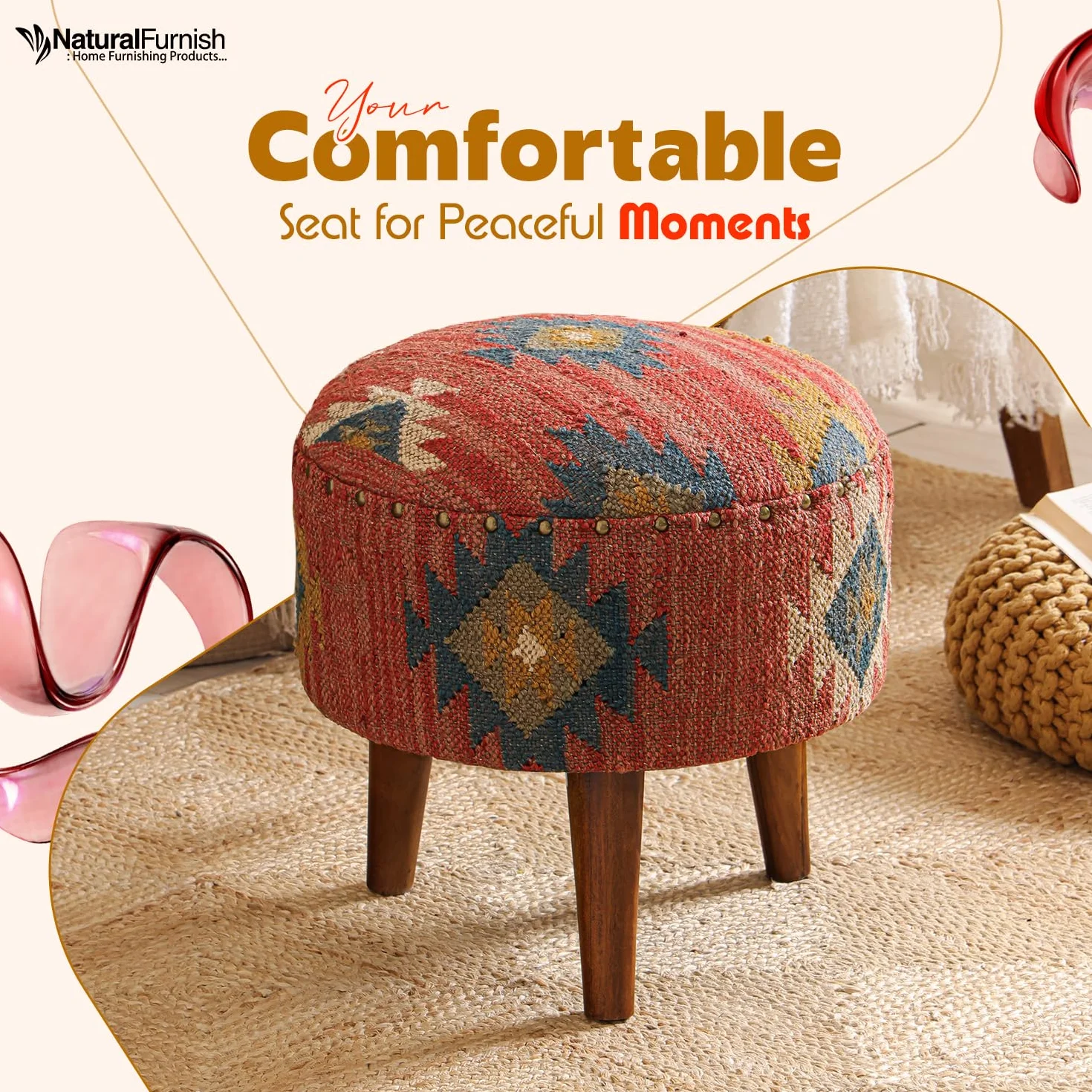 Handmade Kilim Jute Pouf Ottoman Stool | Round Upholstered Seating with Acacia Wood Legs | Decorative Foot Rest for Living Room, Bedroom, Reading Room & Lounge (Red)