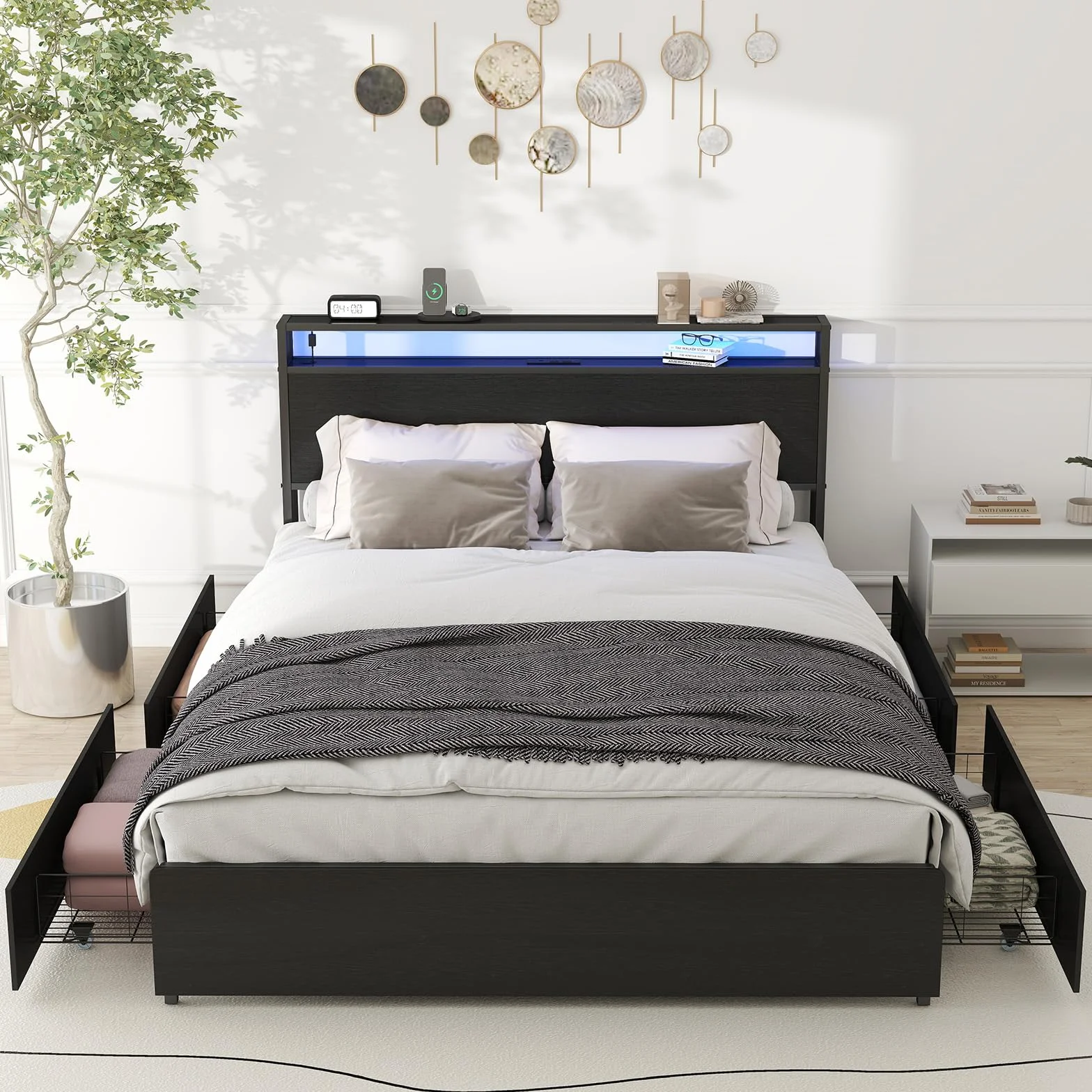 Zevemomo Queen Bed Frame with 4 Storage Drawers, No Noise, Black | Queen Size Bed Frame with Headboard, LED, Charging Station with USB Ports & AC Outlets, Sturdy Metal Slat Support