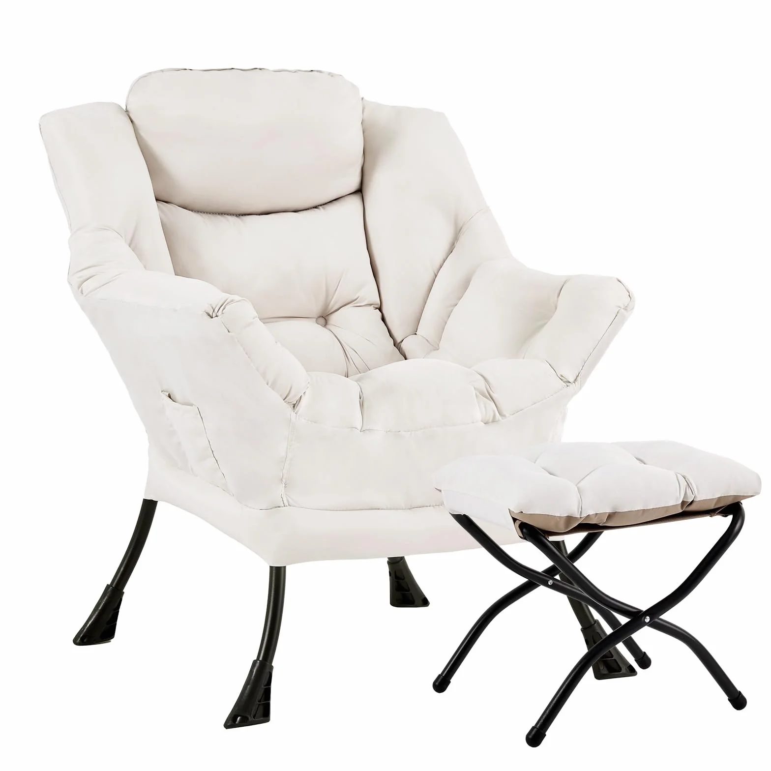 Lazy Chair with Ottoman, Soft Comfy Chair for Bedroom, Beige | Reading Accent Lounge Chair with folding Foot Stool for Living Room Dorm Apartment, sturdy metal frame