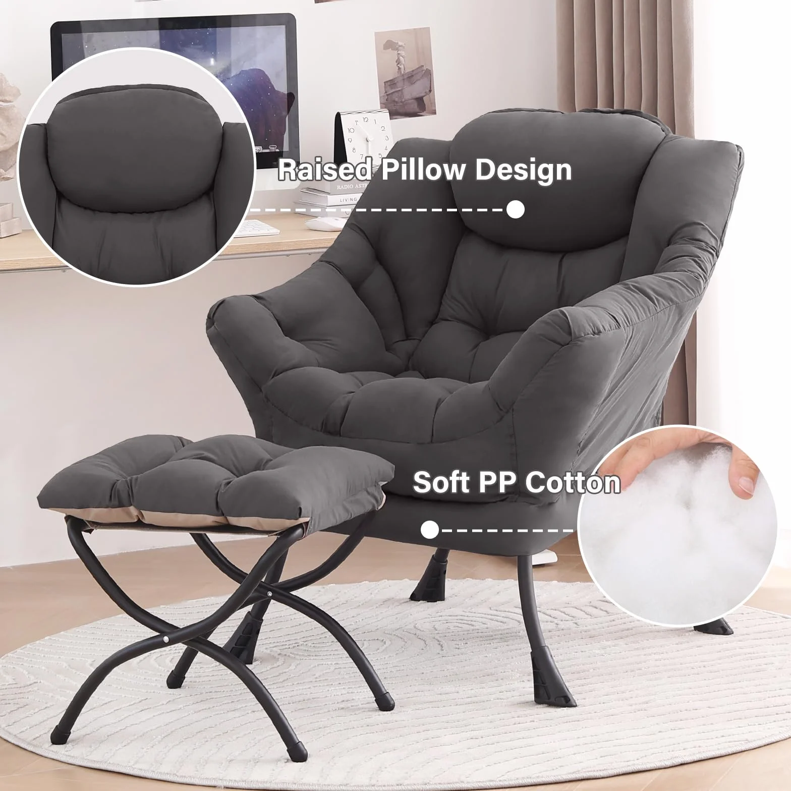 Lazy Chair with Ottoman, Comfy Reading Accent Chair, Dark Grey | Foldable Footrest, Padded Seat and Backrest, Side Pocket for Lounging in Living Rooms, Bedrooms, Dorms and Small Spaces