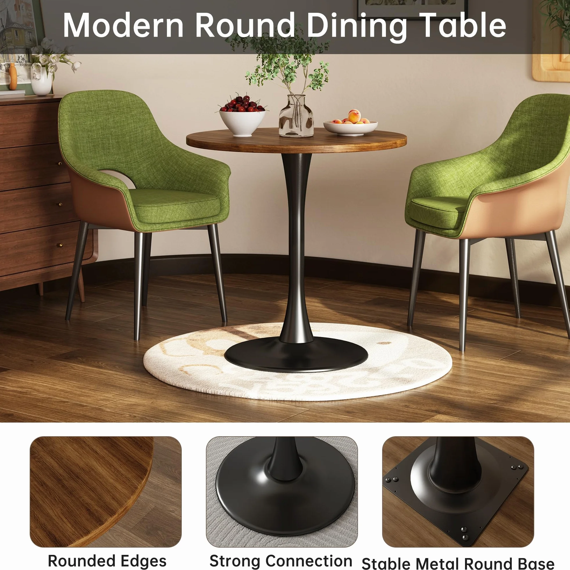 Round Dining Table 31.5" Circle Tulip Table for 4 People,Walnut | Mid Century Modern Leisure Kitchen Table with Wood Thickened Tabletop Sturdy Metal Pedestal for Small Places Living Room Cafe