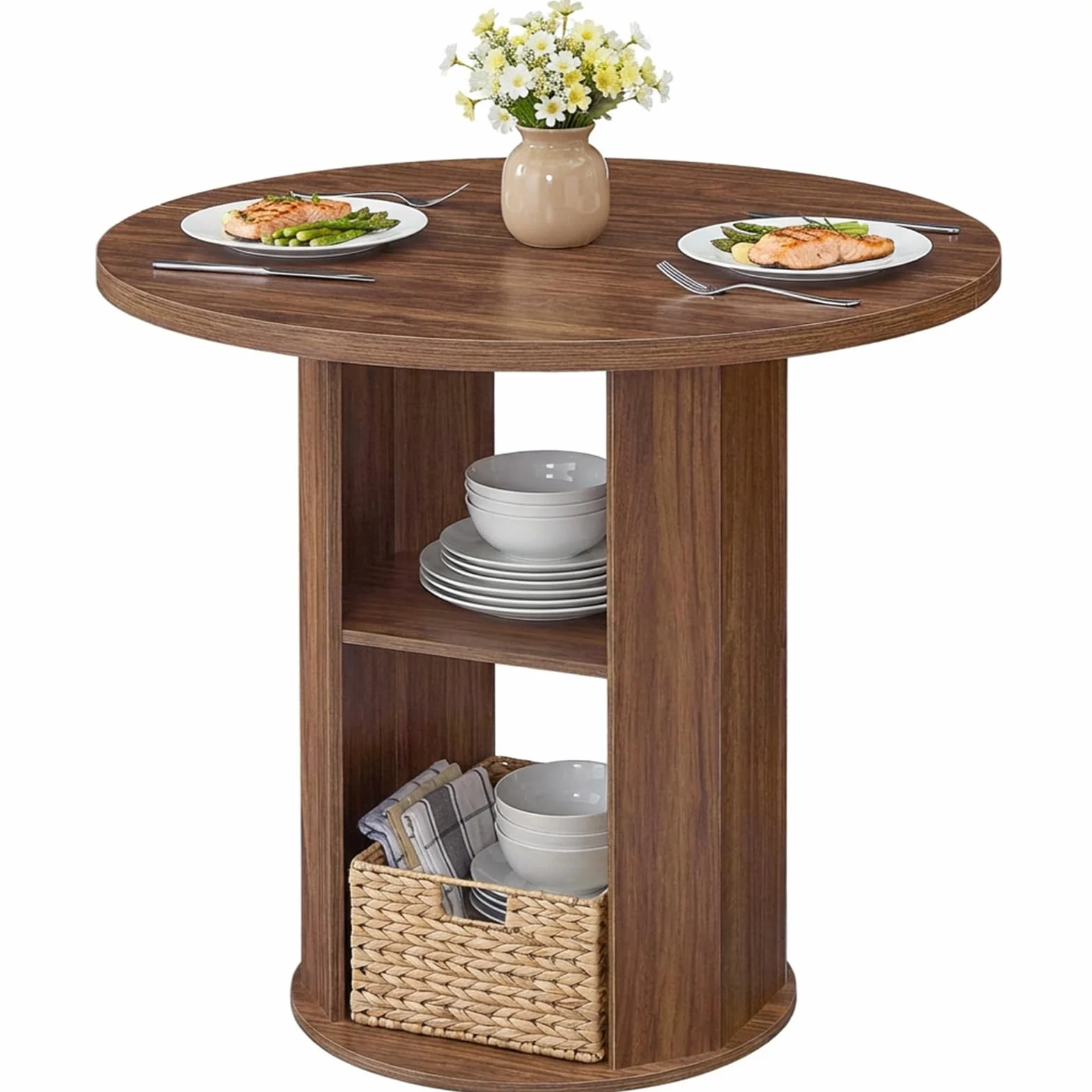 MAHANCRIS 31.5" Round Dining Table with Storage Shelf for 2-3, Circle Kitchen Dinner Table with Thick Tabletop, for Small Spaces, Circle Nook Table for Kitchen & Dining Room, Walnut DTWA8501
