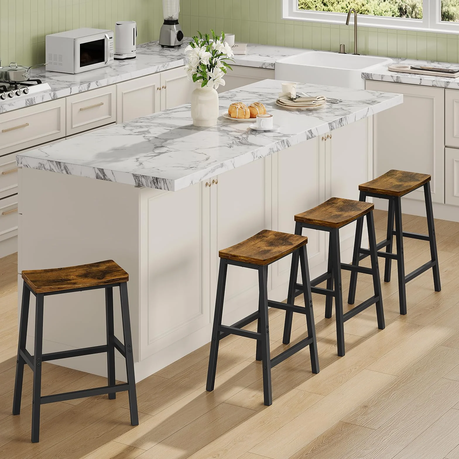 HOOBRO Bar Stools Set of 4, Counter Height Bar Stools, 23.6'' Bar Chairs, Saddle Stools with Footrests, Industrial Barstools for Dining Room, Kitchen, Bar, Rustic Brown and Black BF02MDP401