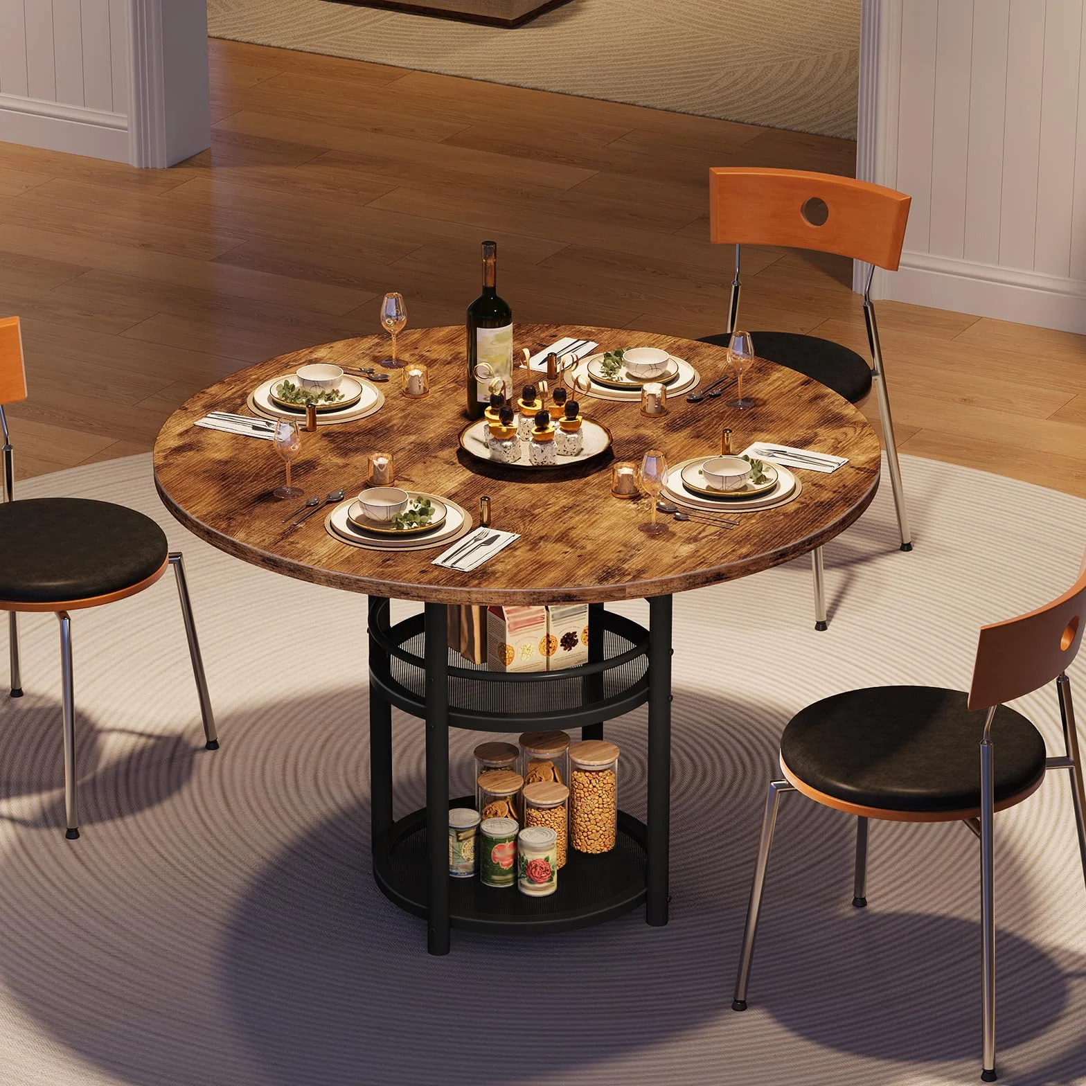 HOOBRO Dining Table, Round Dining Table for 2, 31.5" Kitchen Table for Small Spaces, Farmhouse Small Dining Room Table, 2-Tier Storage, Easy to Assemble, for Living Room, Rustic Brown BF19CZ01