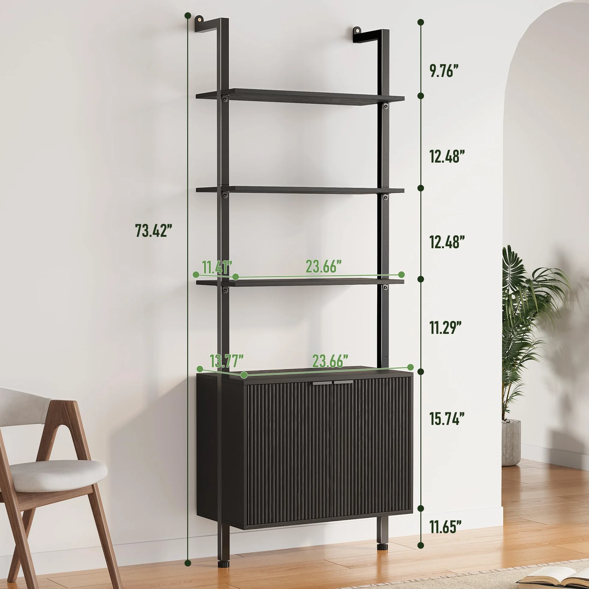74" Tall Bookshelf with Storage Cabinet, Modern Ladder Shelf with Wood and Metal Frame, Wall Mount Bookcase Open Display Shelf Furniture for Living Room, Bedroom, Home Office，Black