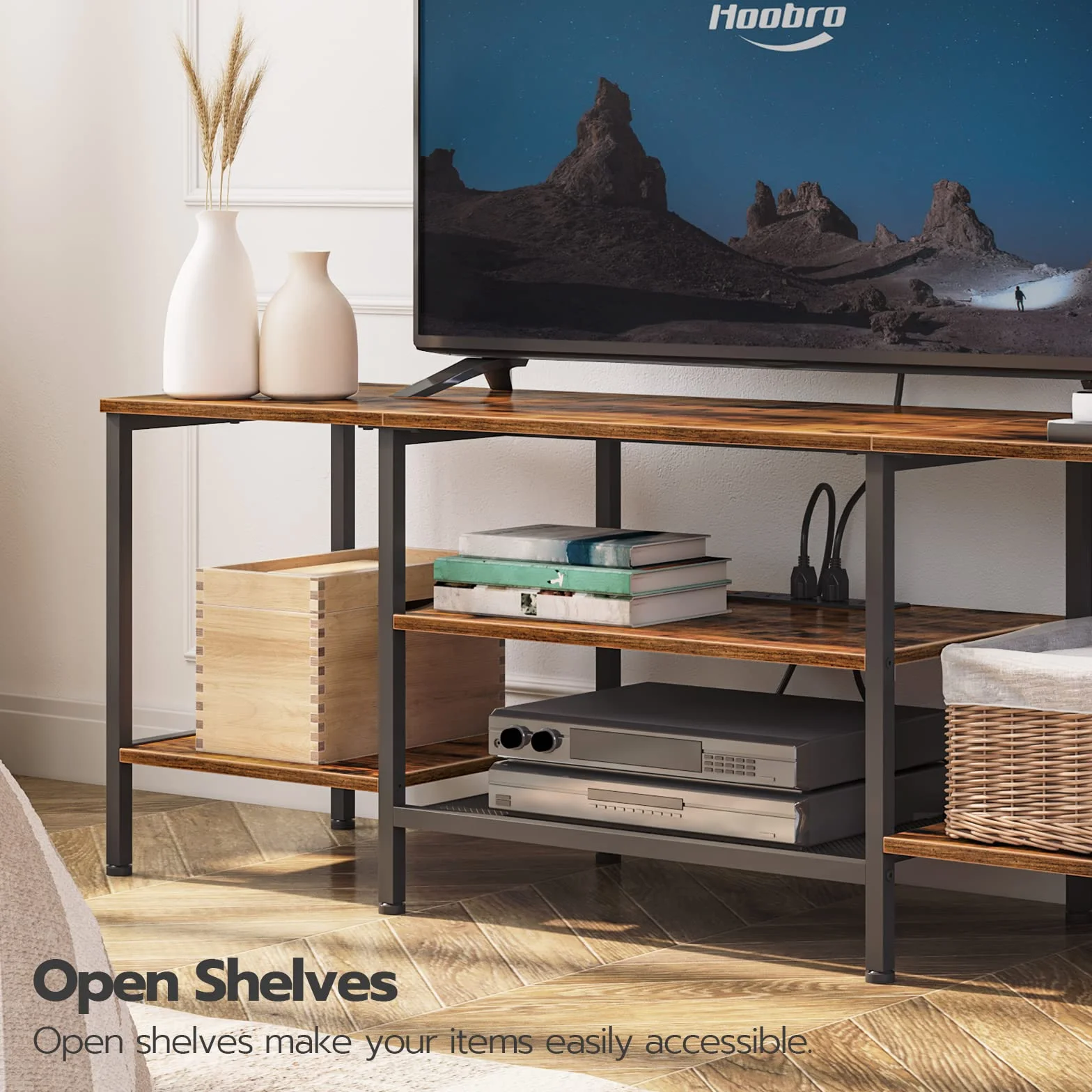HOOBRO TV Stand with Power Outlets to 75 Inches, TV Console Table with Open Storage Shelves Cabinet, Industrial Media Entertainment Center for Living Room Bedroom, Rustic Brown and Black BF80DS01