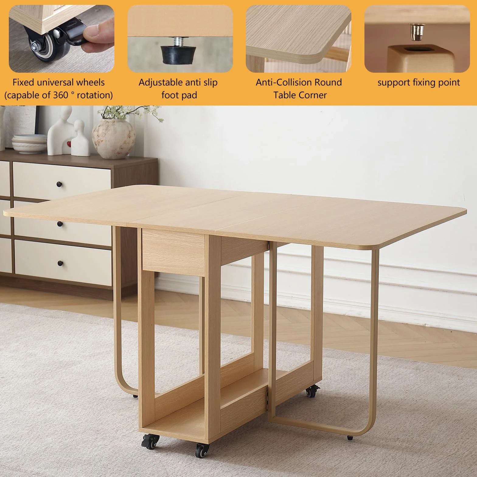 Folding Dining Table, 35.4" x 54.9" Expanded Drop Leaf Table for 4-6, Wood | 300lb Capacity, 2 Drawers, Lockable Wheels, Space-Saving Folding Kitchen Table for Dining Room/Apartments/RV/Home Office/Room