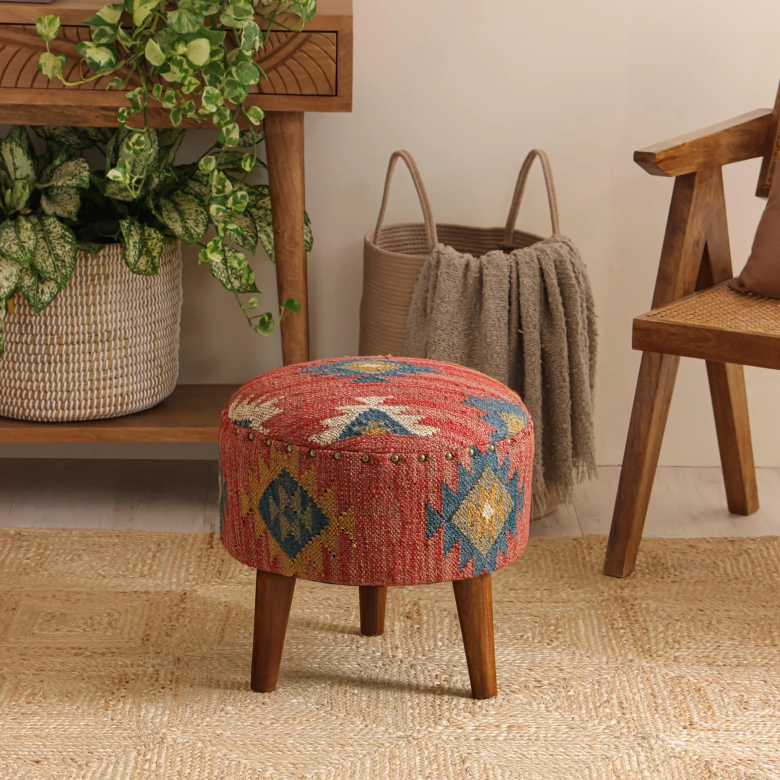 Handmade Kilim Jute Pouf Ottoman Stool | Round Upholstered Seating with Acacia Wood Legs | Decorative Foot Rest for Living Room, Bedroom, Reading Room & Lounge (Red)