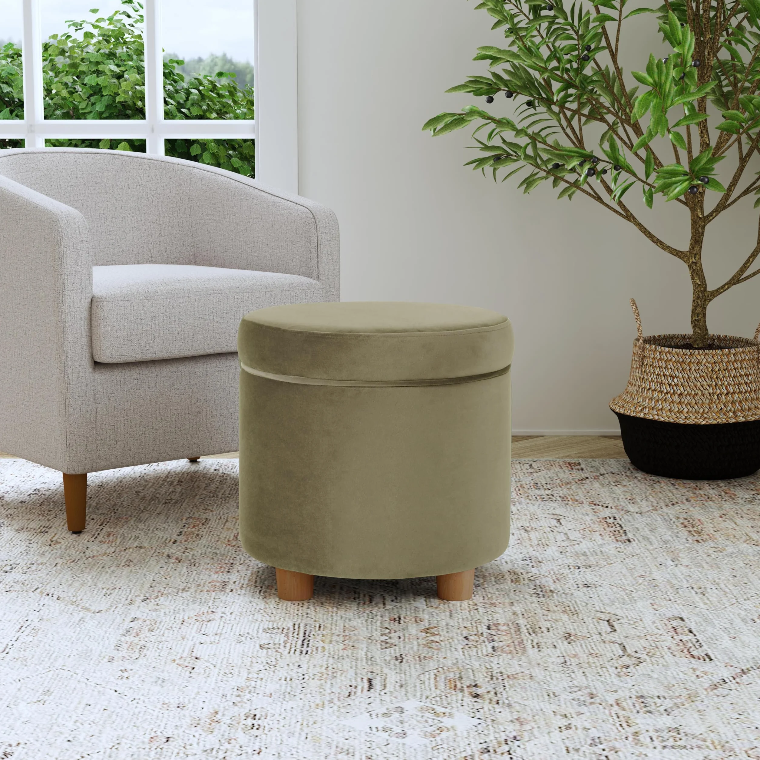 HomePop Home Decor | Upholstered Round Storage Ottoman | Ottoman with Storage for Living Room & Bedroom, Light Sage Green Velvet Large