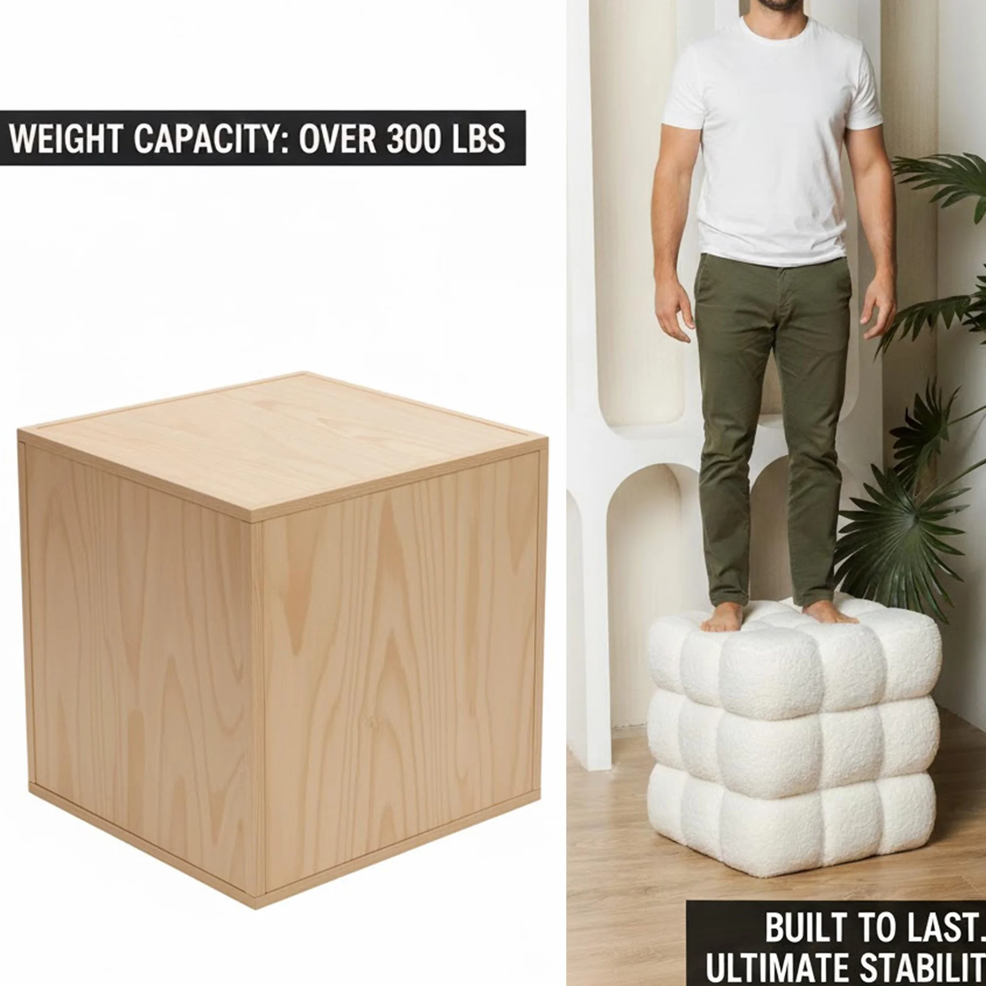 White Sherpa Square Ottoman - 17.3" Large Boucle Cube Pouf with Sturdy Wood Frame, 330lbs Capacity Modern Fuzzy Vanity Stool & Footrest for Living Room, Bedroom - Fully Assembled