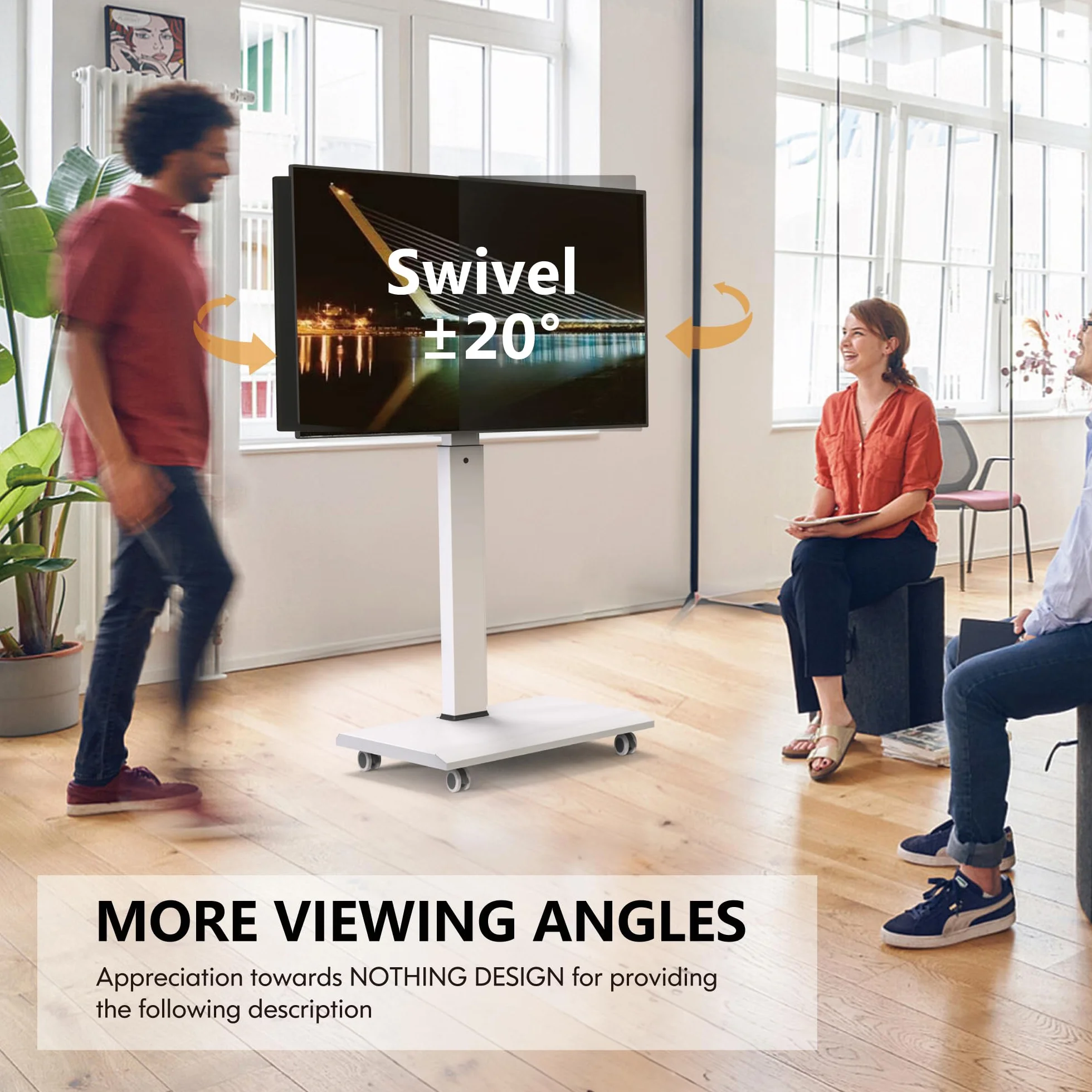 FITUEYES Rolling TV Stand - Portable Mobile TV Cart on Wheels for 32 to 65 70 75 Inch TVs, Landscape to Portrait Rotating and 40°Swivel, Height Adjustable TV Cart Rolling TV Stand Hold Up to 88 Lbs