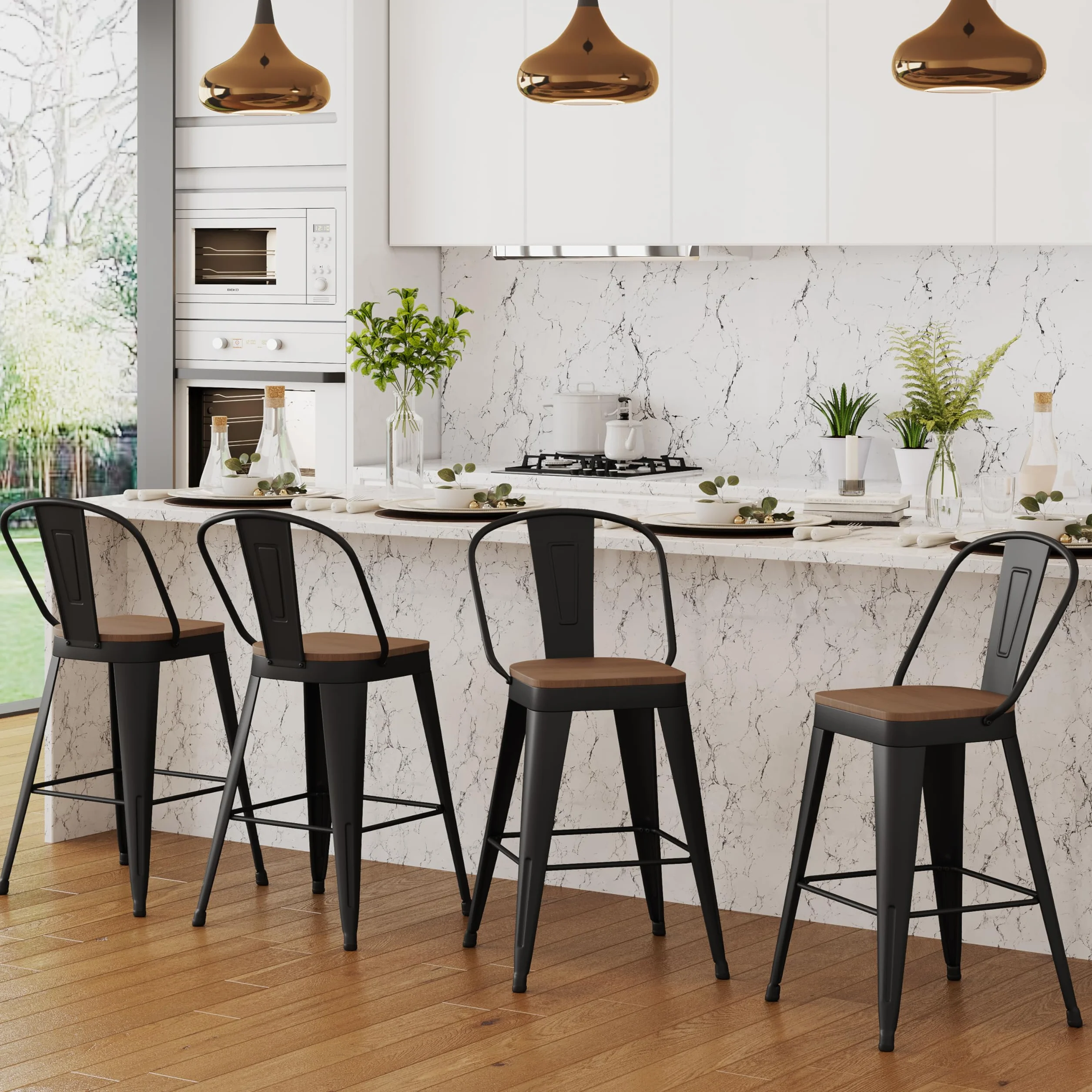 ALISH 24 Inch Bar Stools Set of 4, Industrial Counter Height Barstools High Back Metal Bar Stools with Large Wood Seat Bar Chairs for Kitchen Island (24 Inch Set of 4, Black)